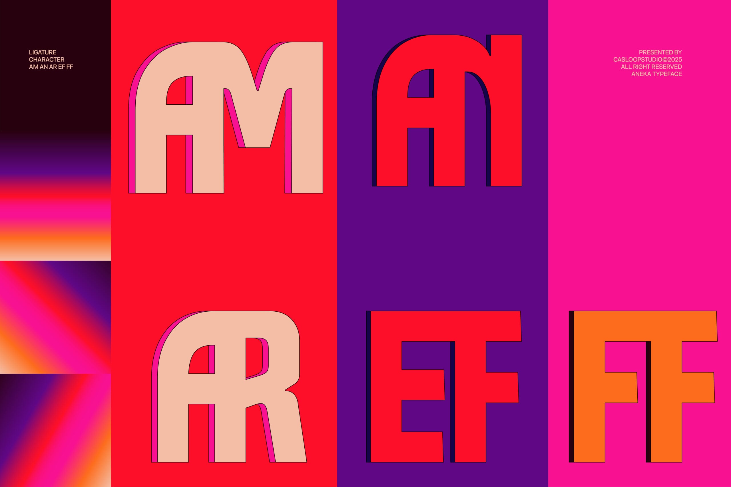 Bold 3D sans serif letters with chunky cutouts on vibrant color-blocked backgrounds