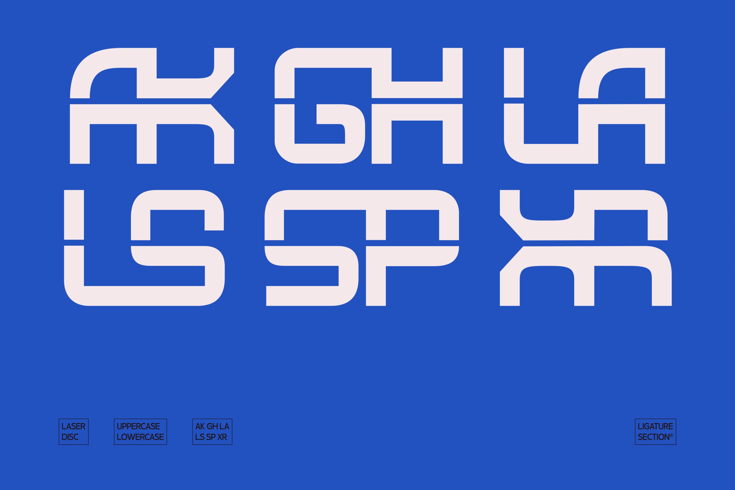 Geometric sans serif font with interlocking letterforms on bright blue background