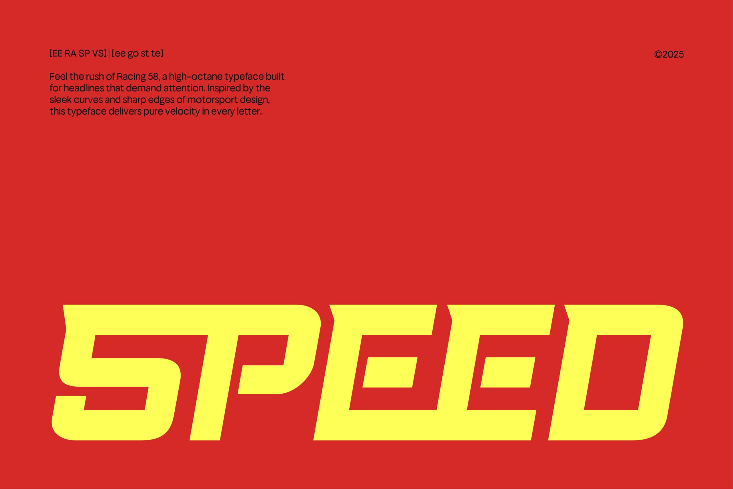 Racing 58 typeface displaying bold yellow letters on red background with description text