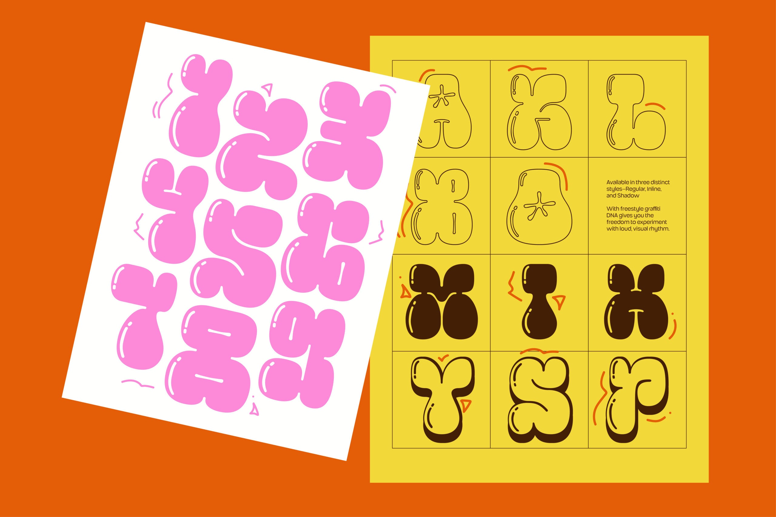 Playful blob number font mockup showing pink outlines on white plus yellow grid display with three style variations