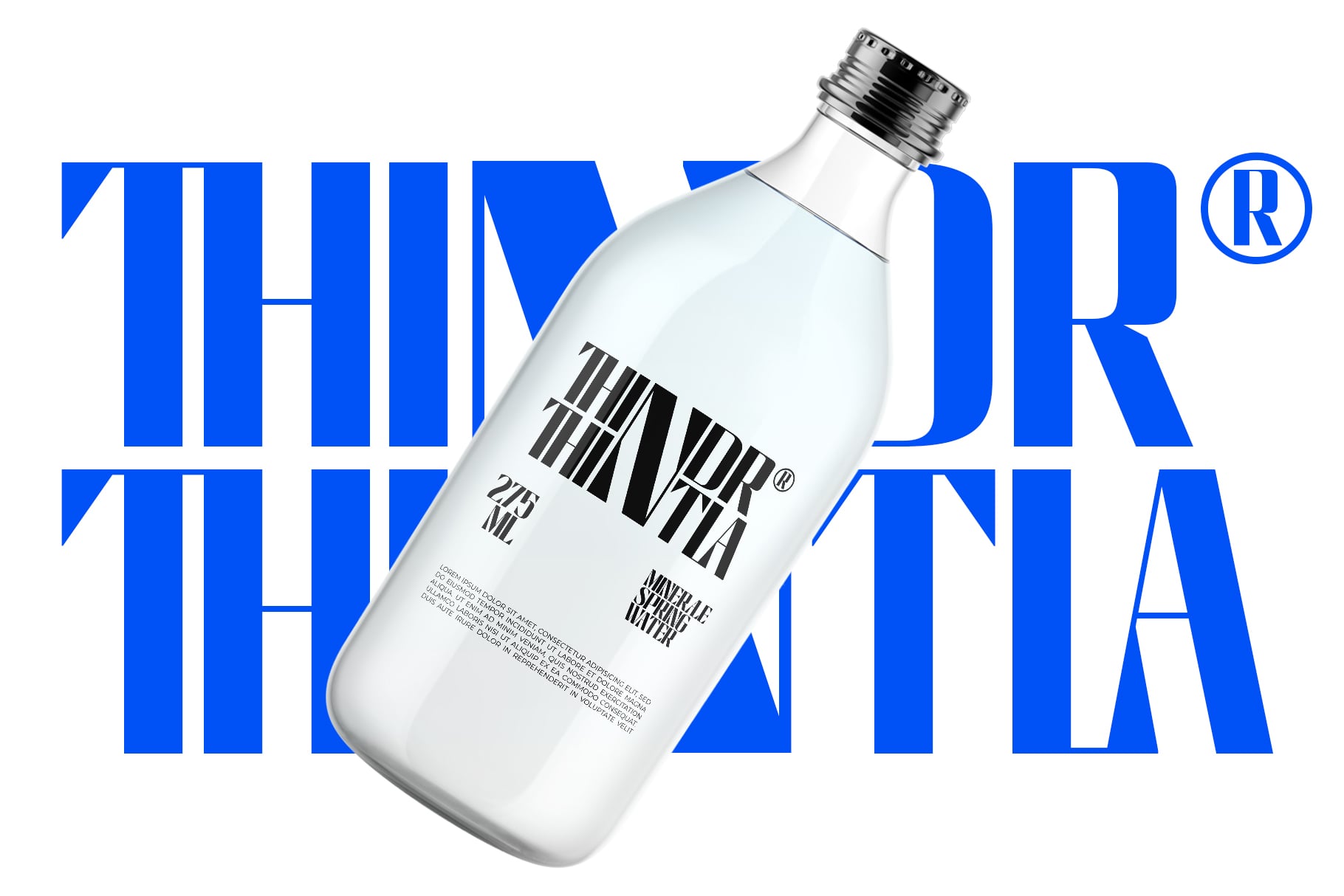 Glass bottle mockup with bold blue typography overlay, minimal label design