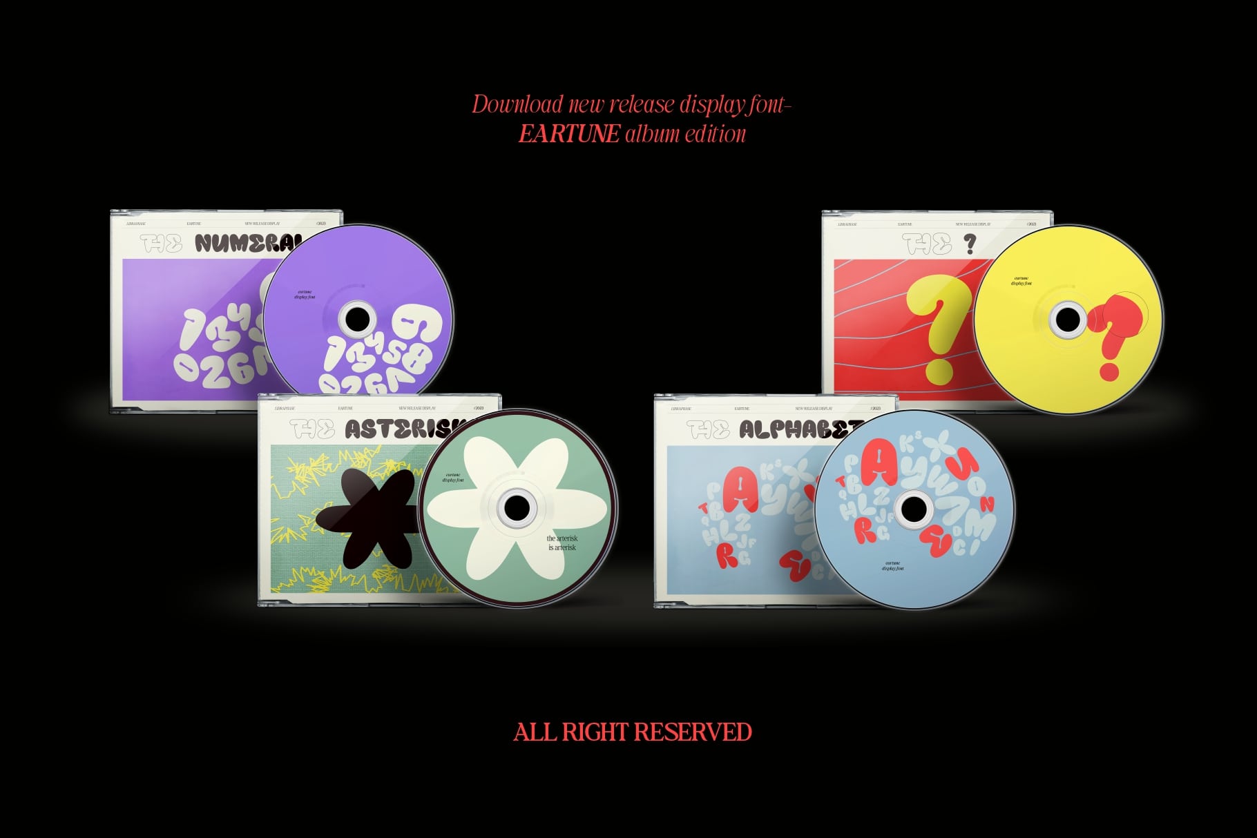 Eartune display font album edition mockup with four colorful CD designs on black background