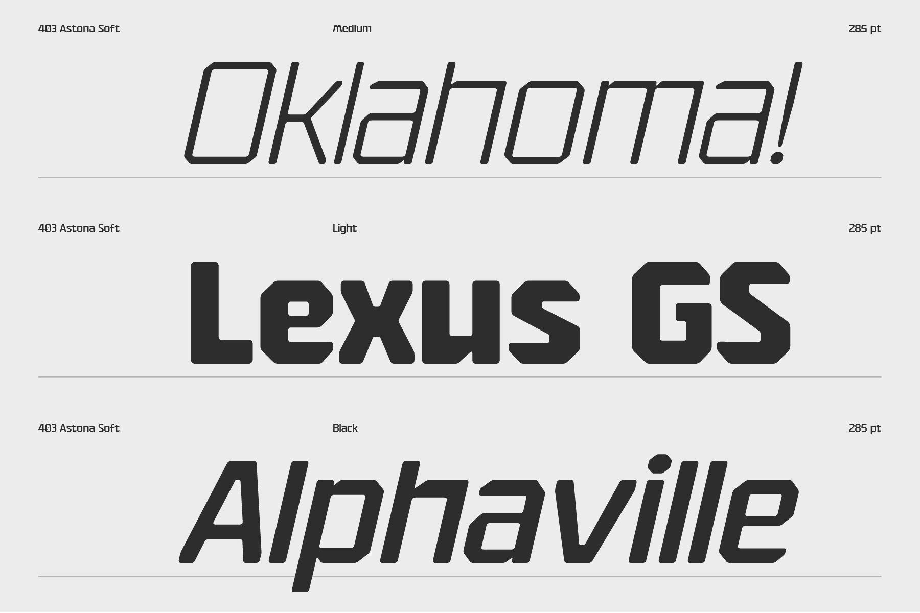 403 Astona Soft font in three weights showing outline, solid, plus italic styles