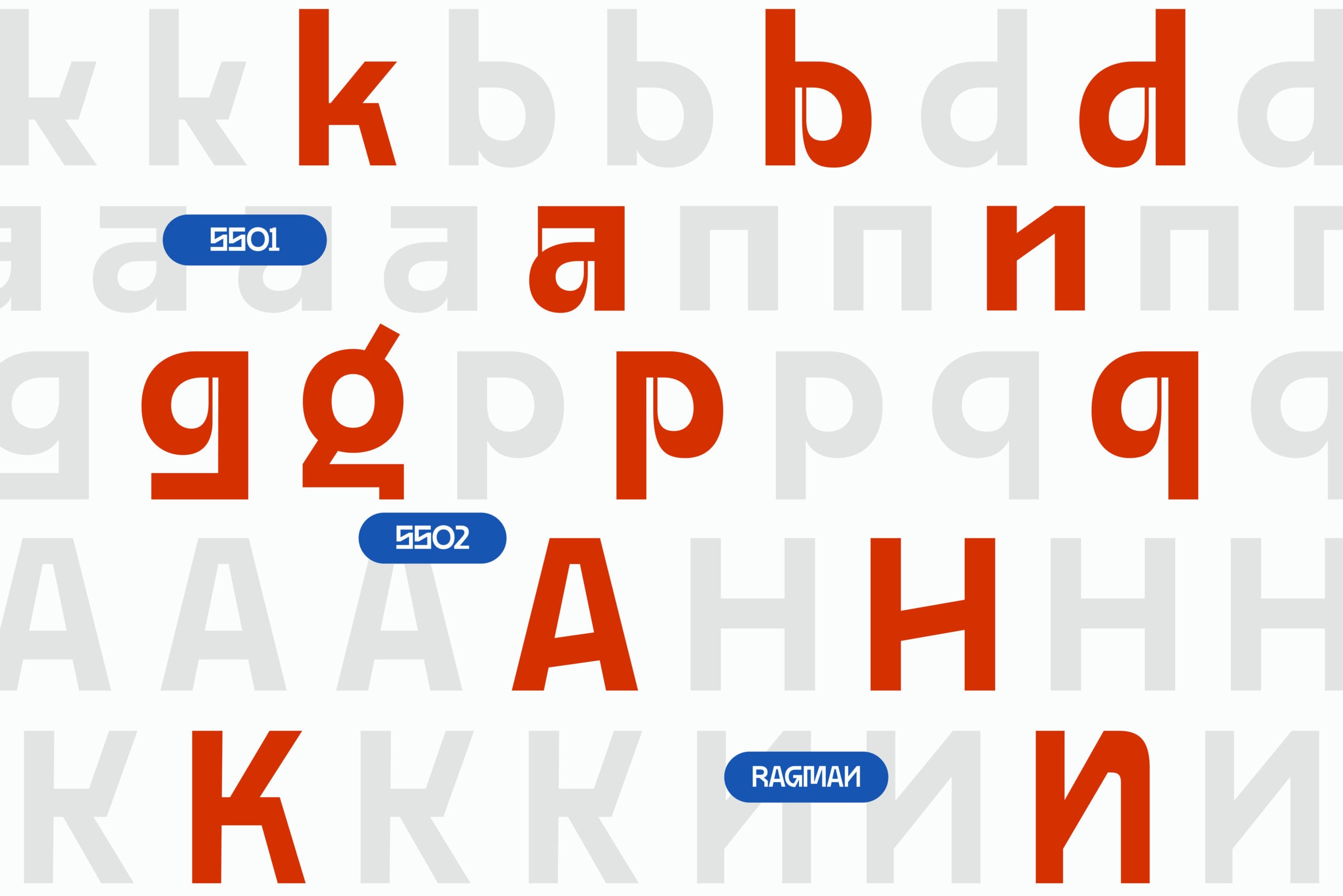 Font mockup showing red bold letters mixed with light gray repeating characters, blue label badges scattered throughout