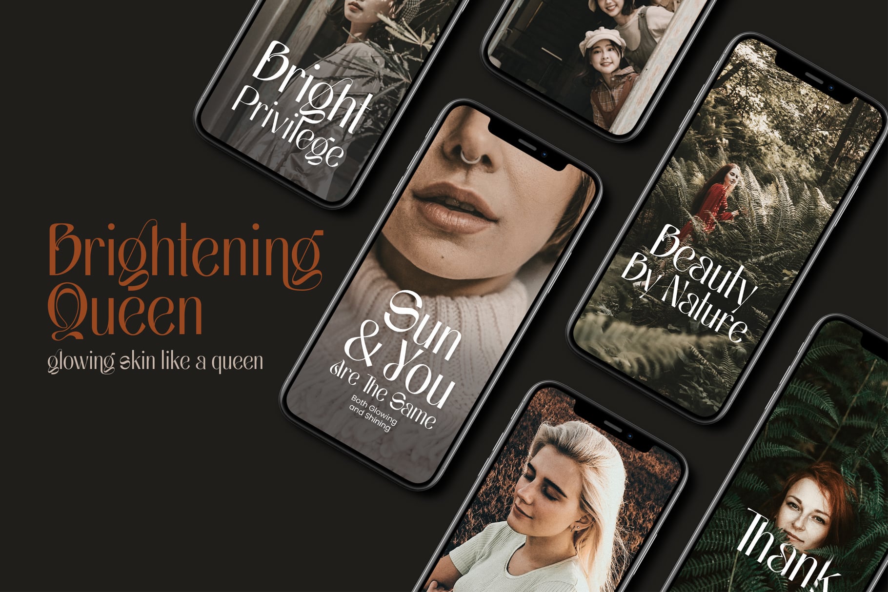 Multiple phone mockups displaying beauty brand campaigns with moody photography, elegant serif typography, nature imagery on dark backgrounds