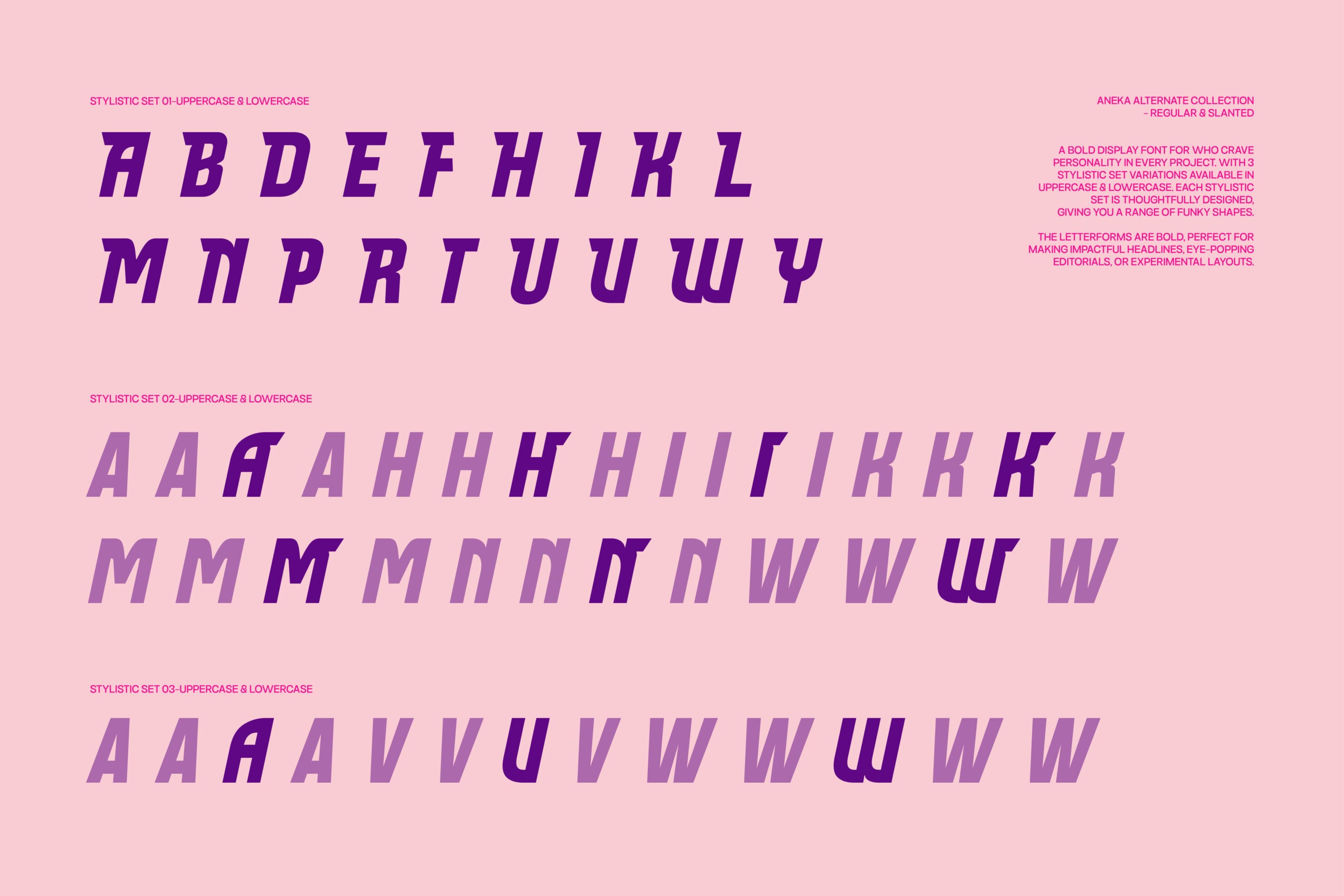 Bold italic display font with 3 stylistic variations shown in purple on pink background