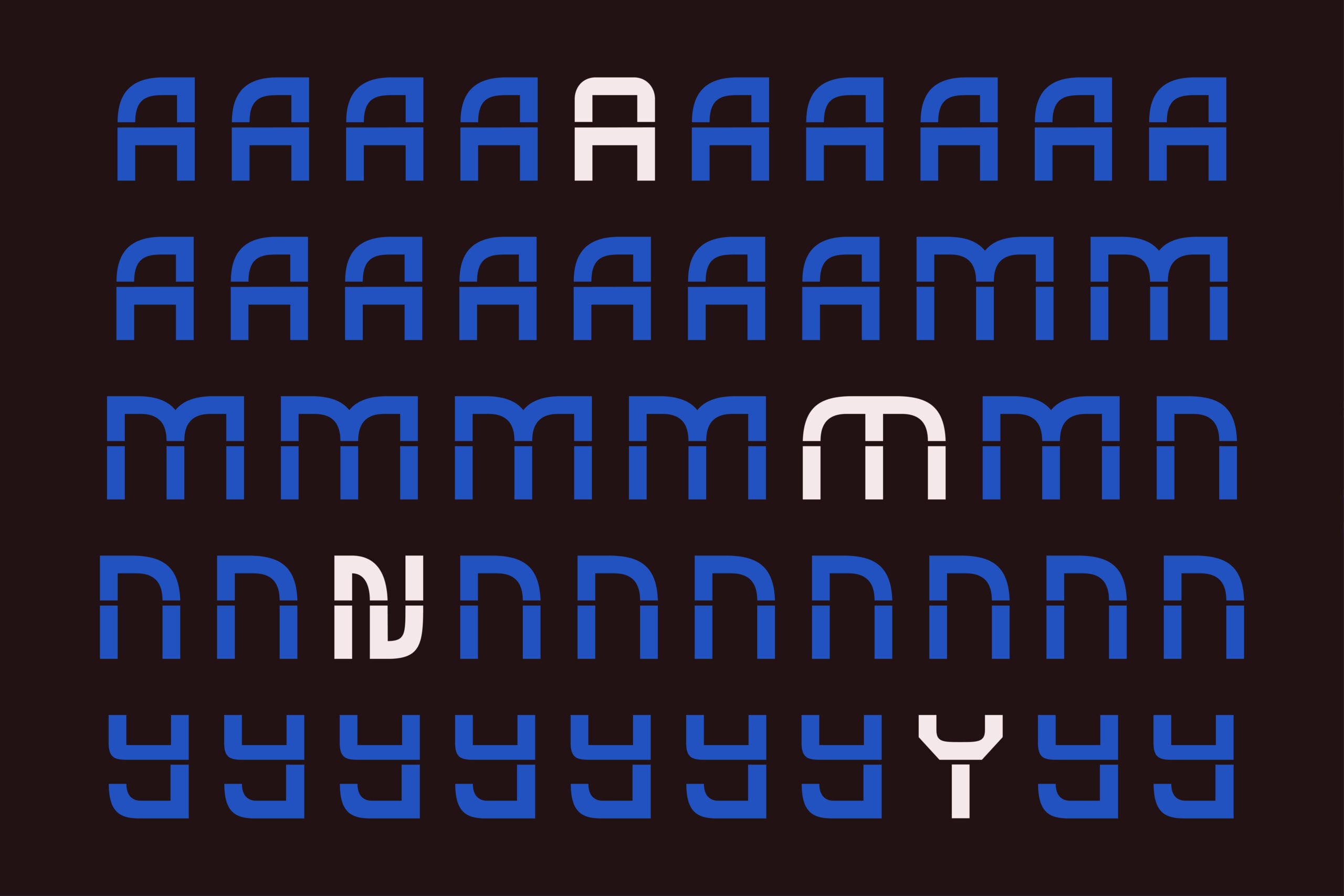 Bold geometric font with blue letters, white highlights scattered throughout dark background