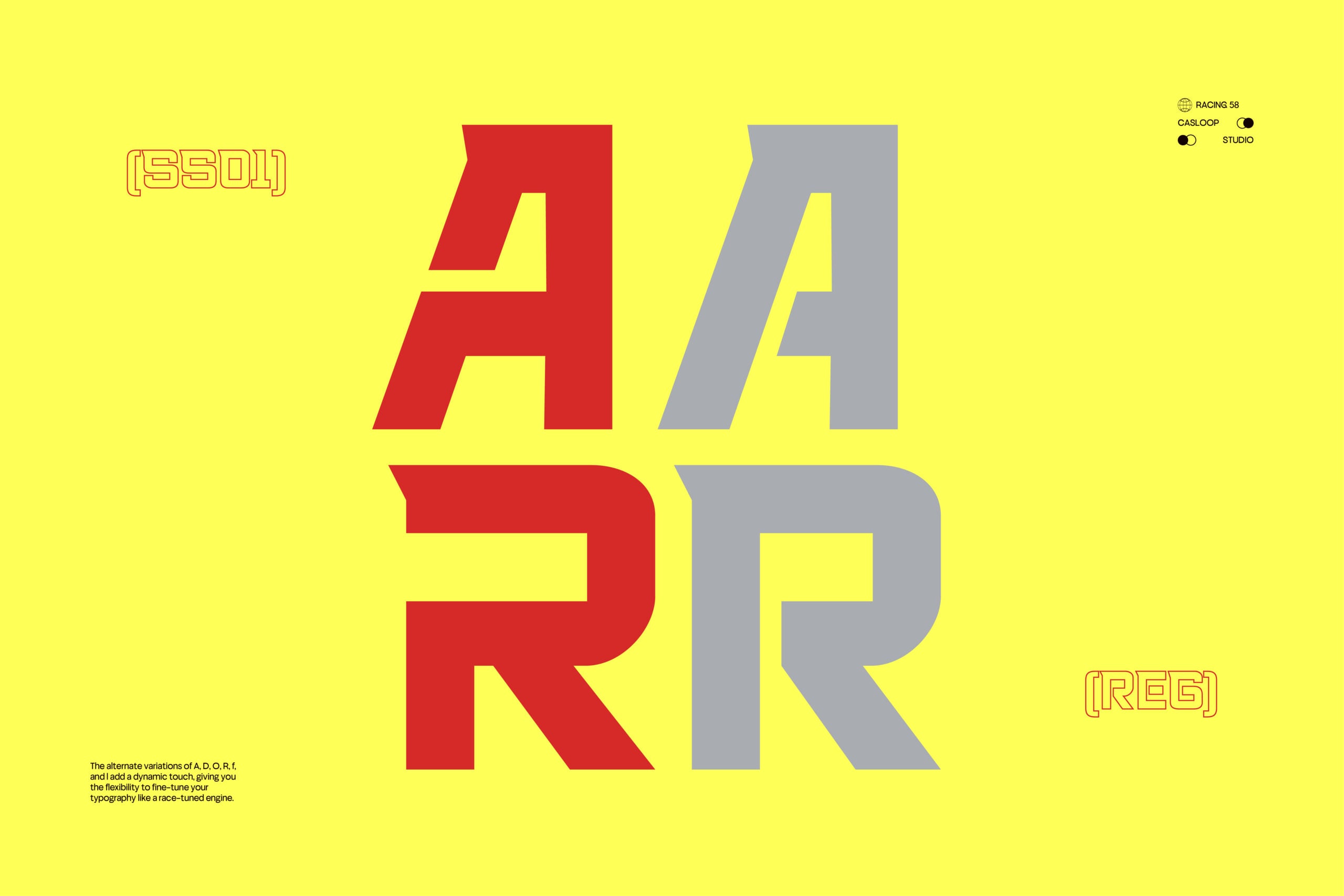 Bold geometric typeface with red, gray, plus yellow letterforms on bright yellow background