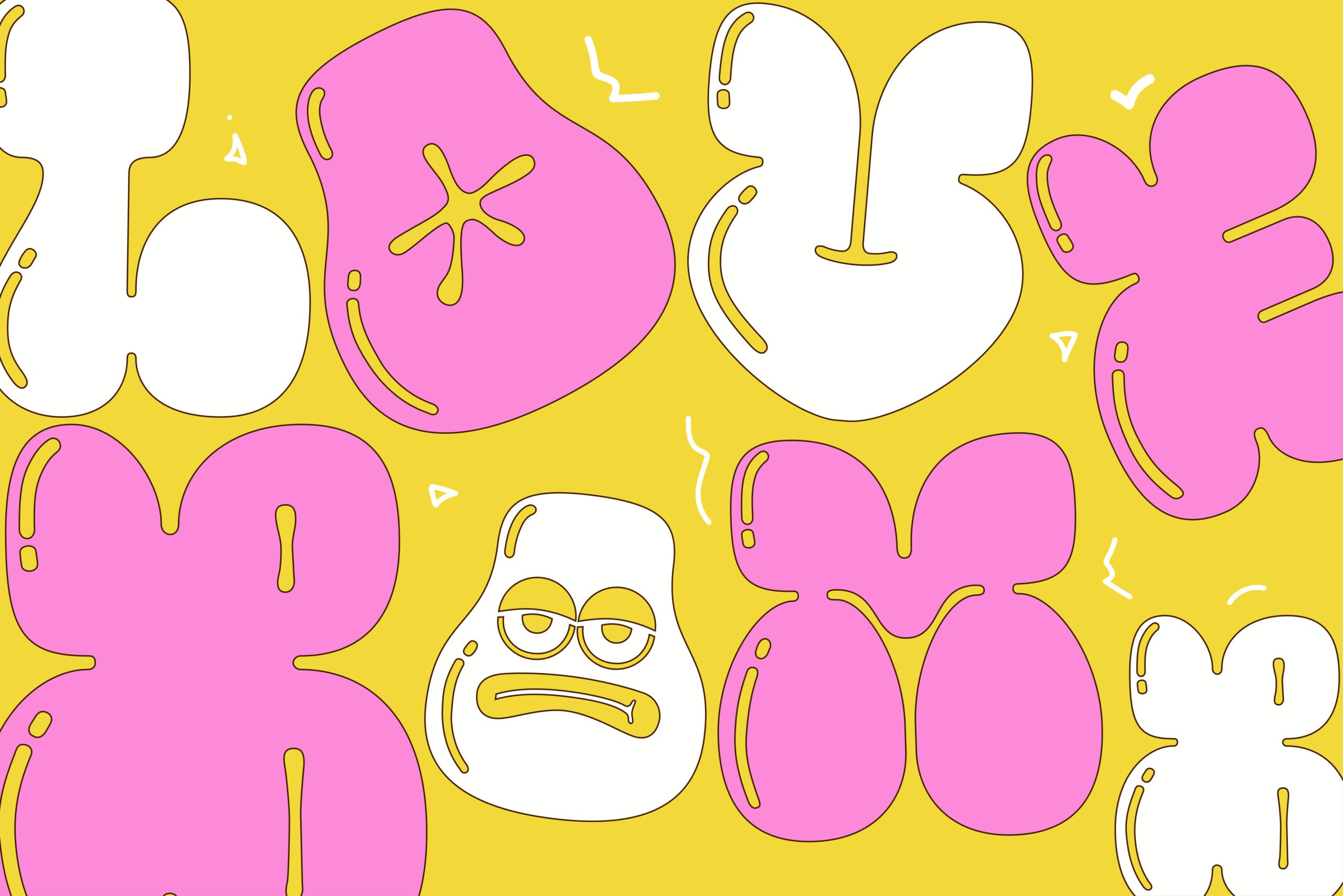 Bright yellow background packed with pink, white, plus yellow outlined blob shapes, one grumpy face character mixed in