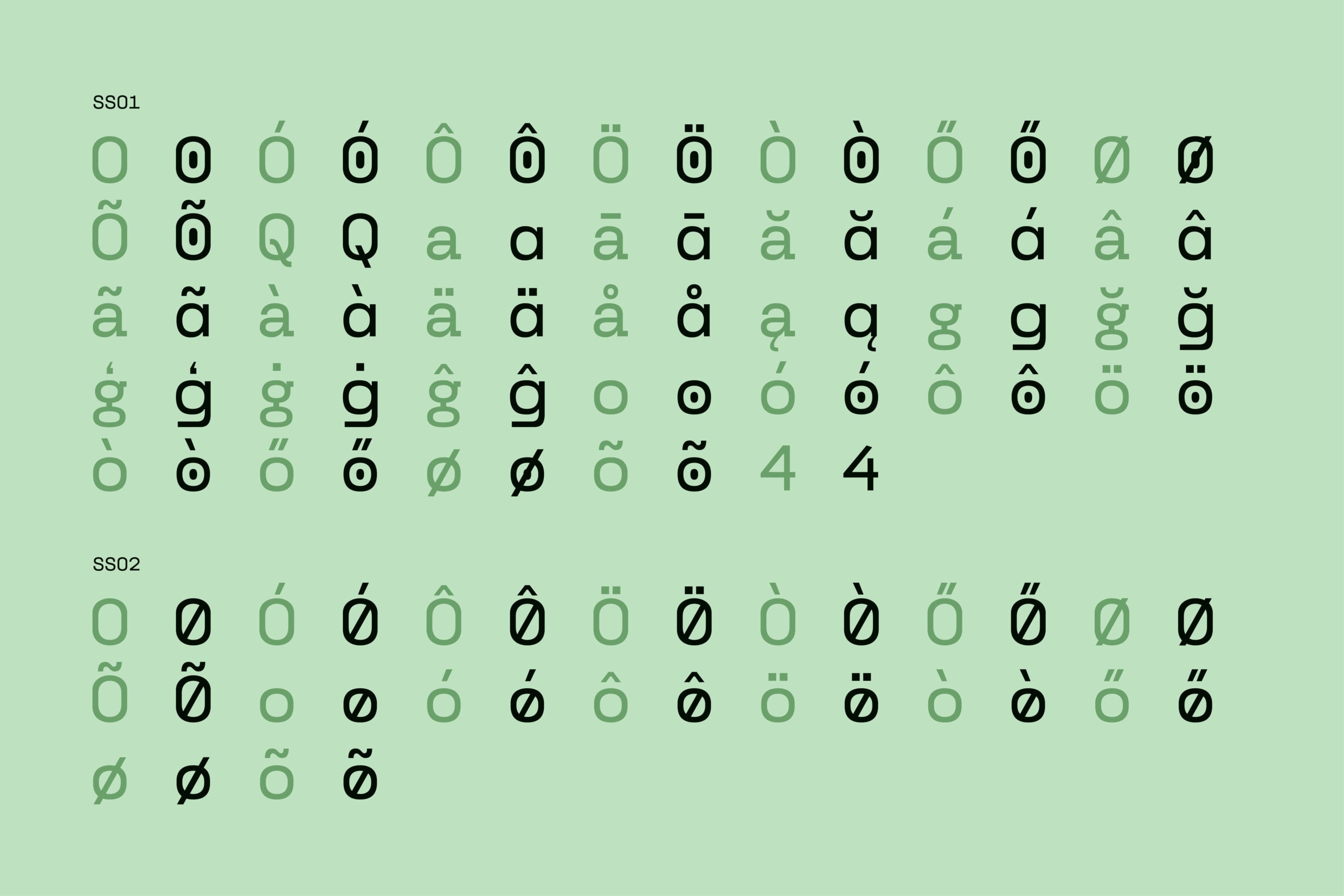 Font character set showing diacritical mark variations on soft green background
