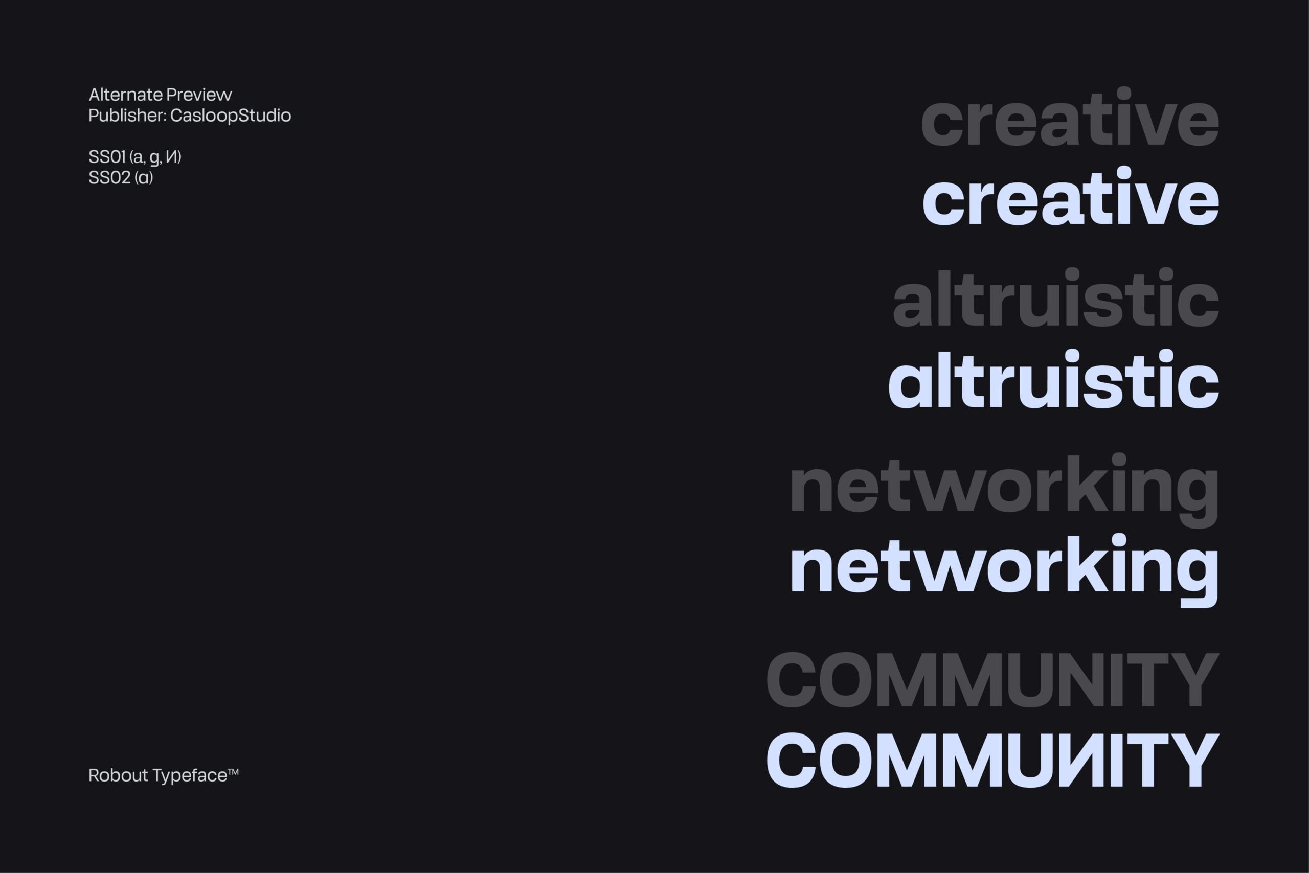 Robust Typeface font preview showing stacked words in white, gray on dark background