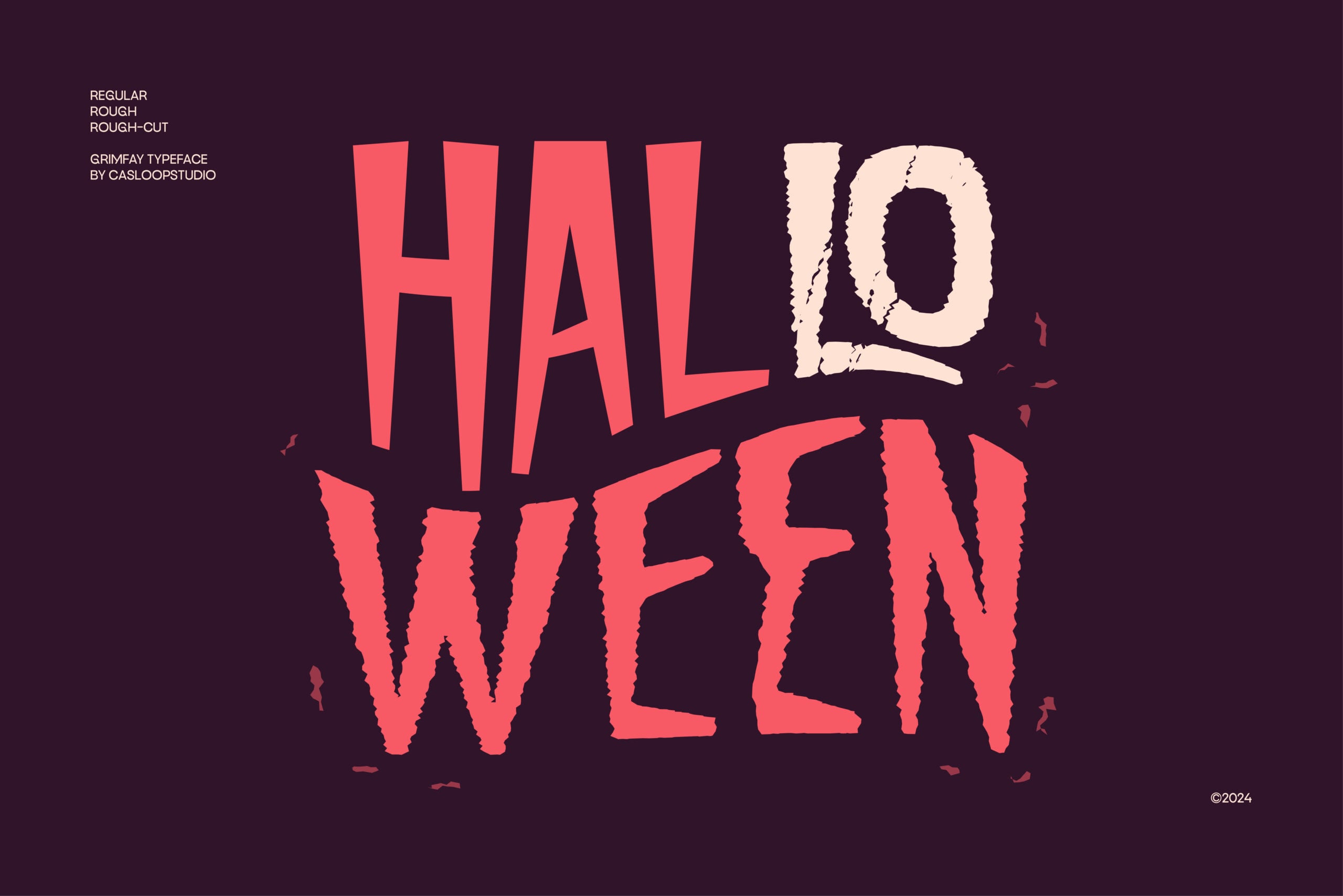 Grimfay typeface showing rough distressed lettering in coral on dark purple background