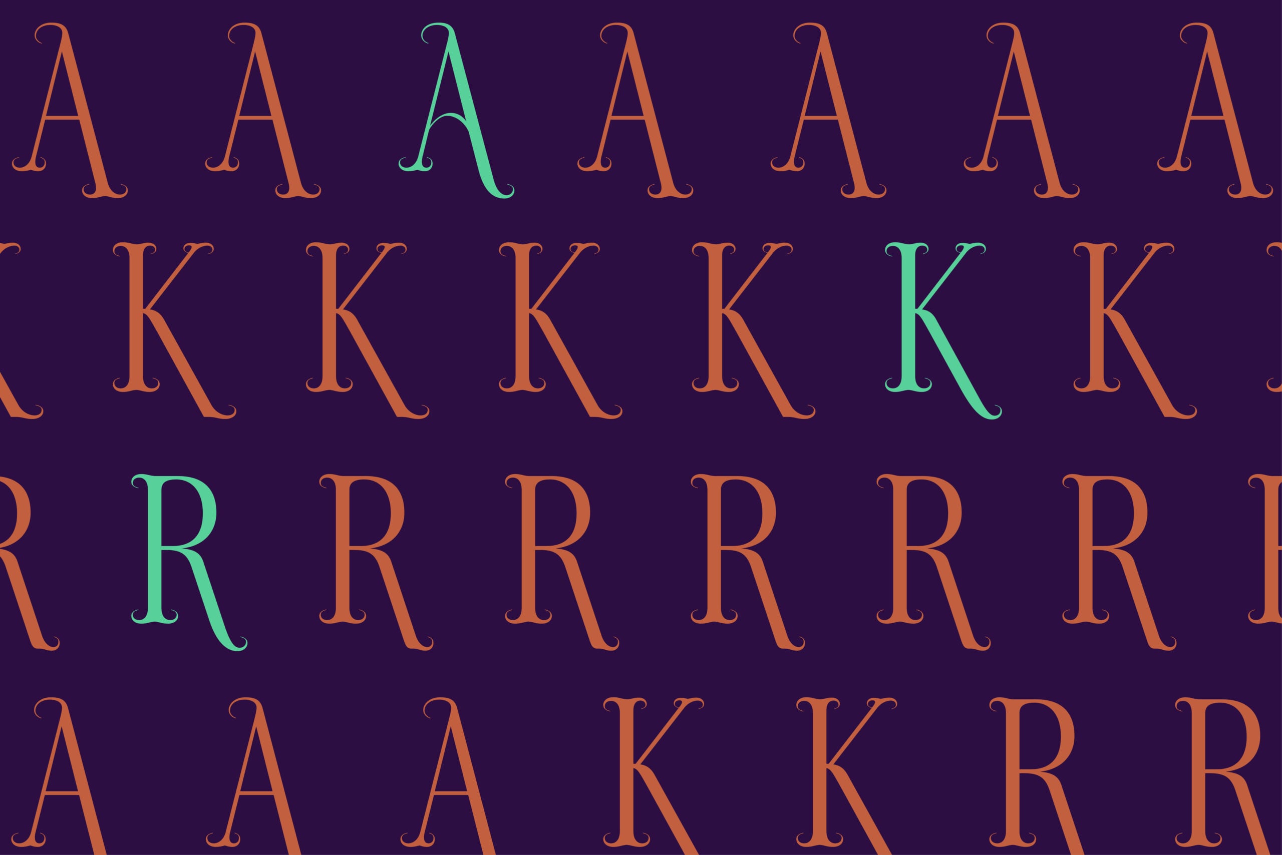 Serif font with repeating letters in copper orange with mint green accents on deep purple