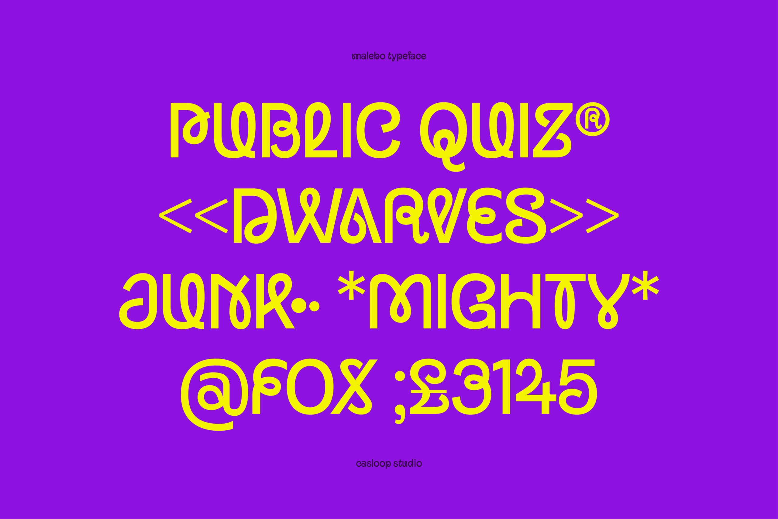 Bright yellow Malebo typeface specimen on vibrant purple background showing quirky letterforms