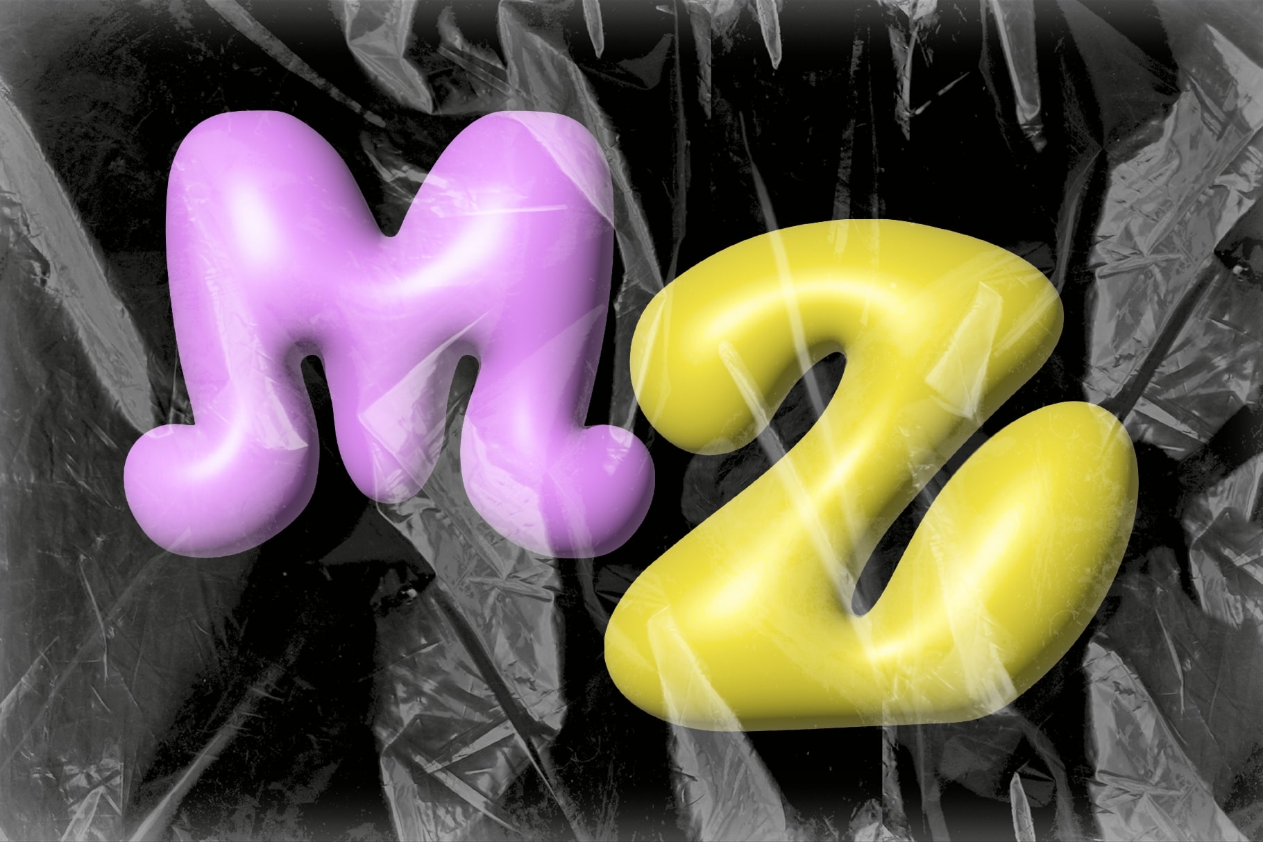 Glossy 3D numbers in magenta plus yellow sitting on crinkled plastic with dried plants