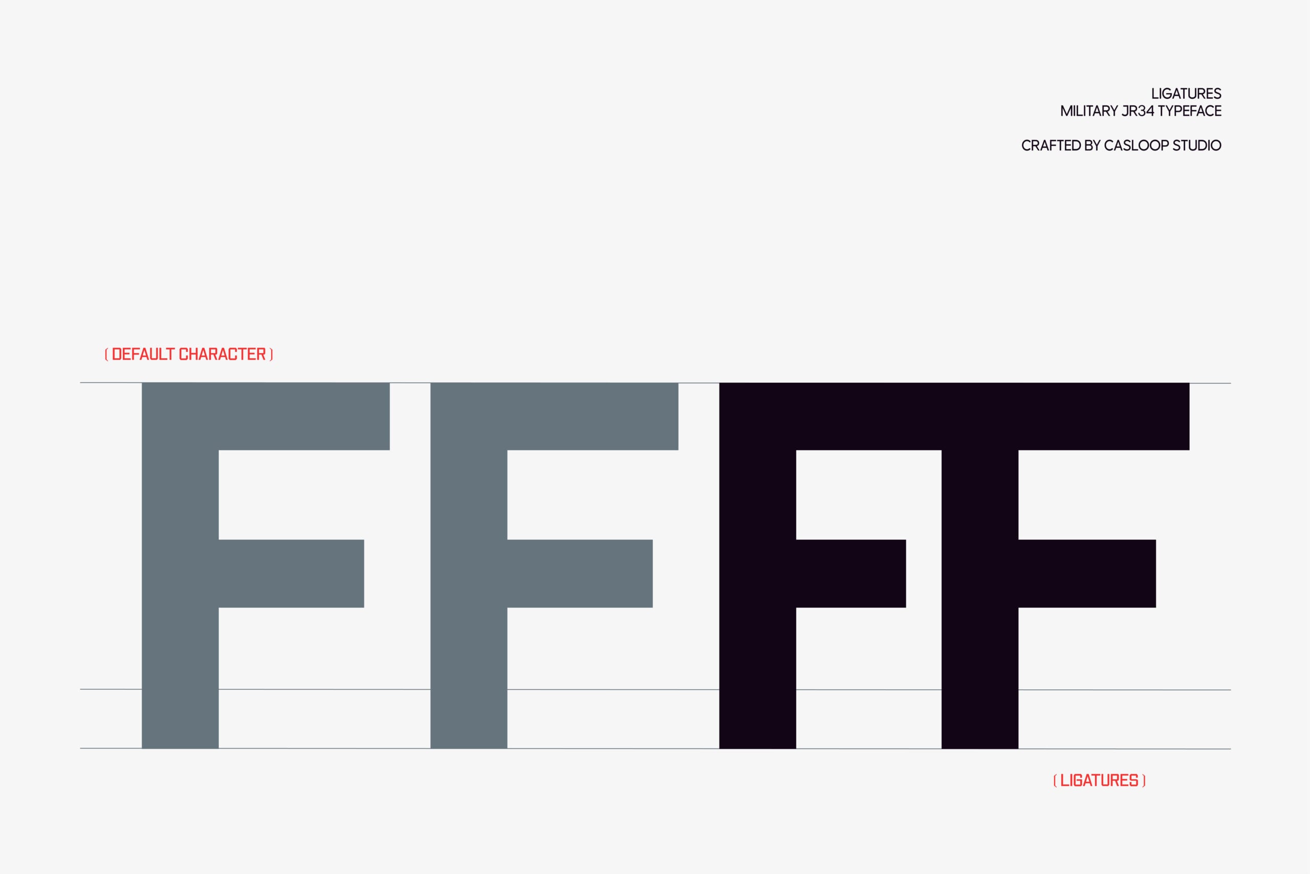 JR34 military typeface showing default character set in gray, slate, plus black color variants