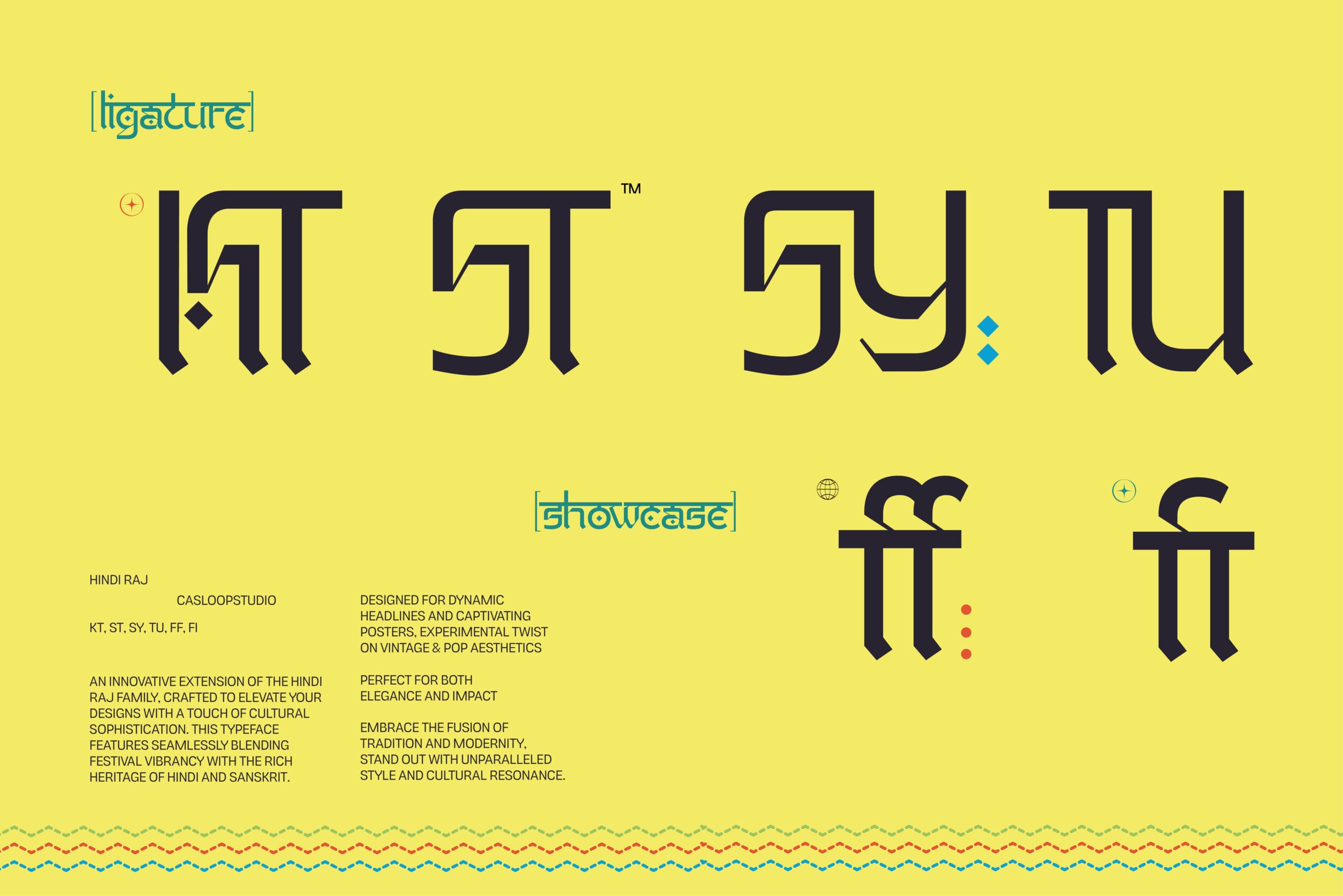 Hindi Raj typeface showcase with bold characters on bright yellow background