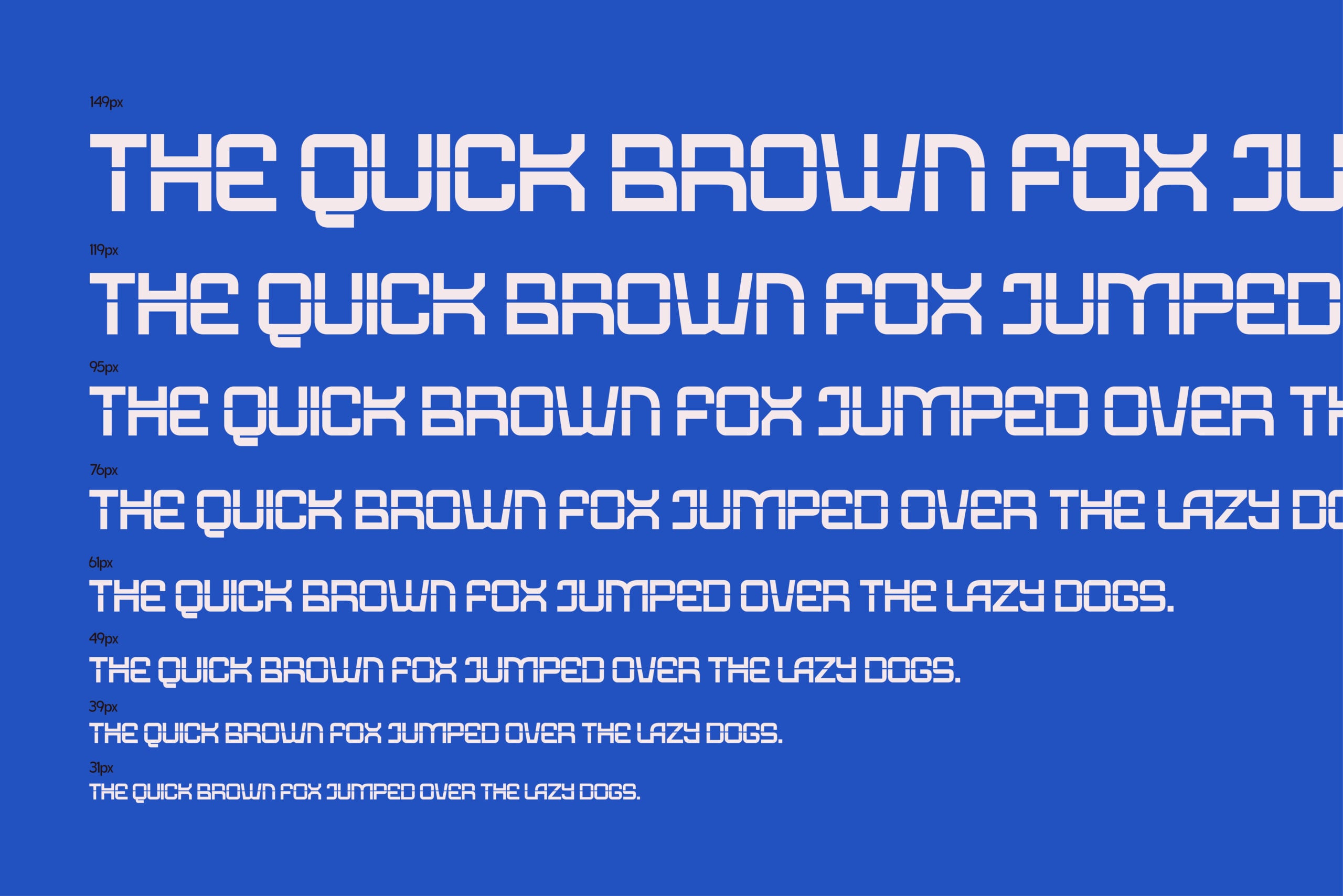 Bold geometric sans-serif font displayed at multiple sizes on bright blue background