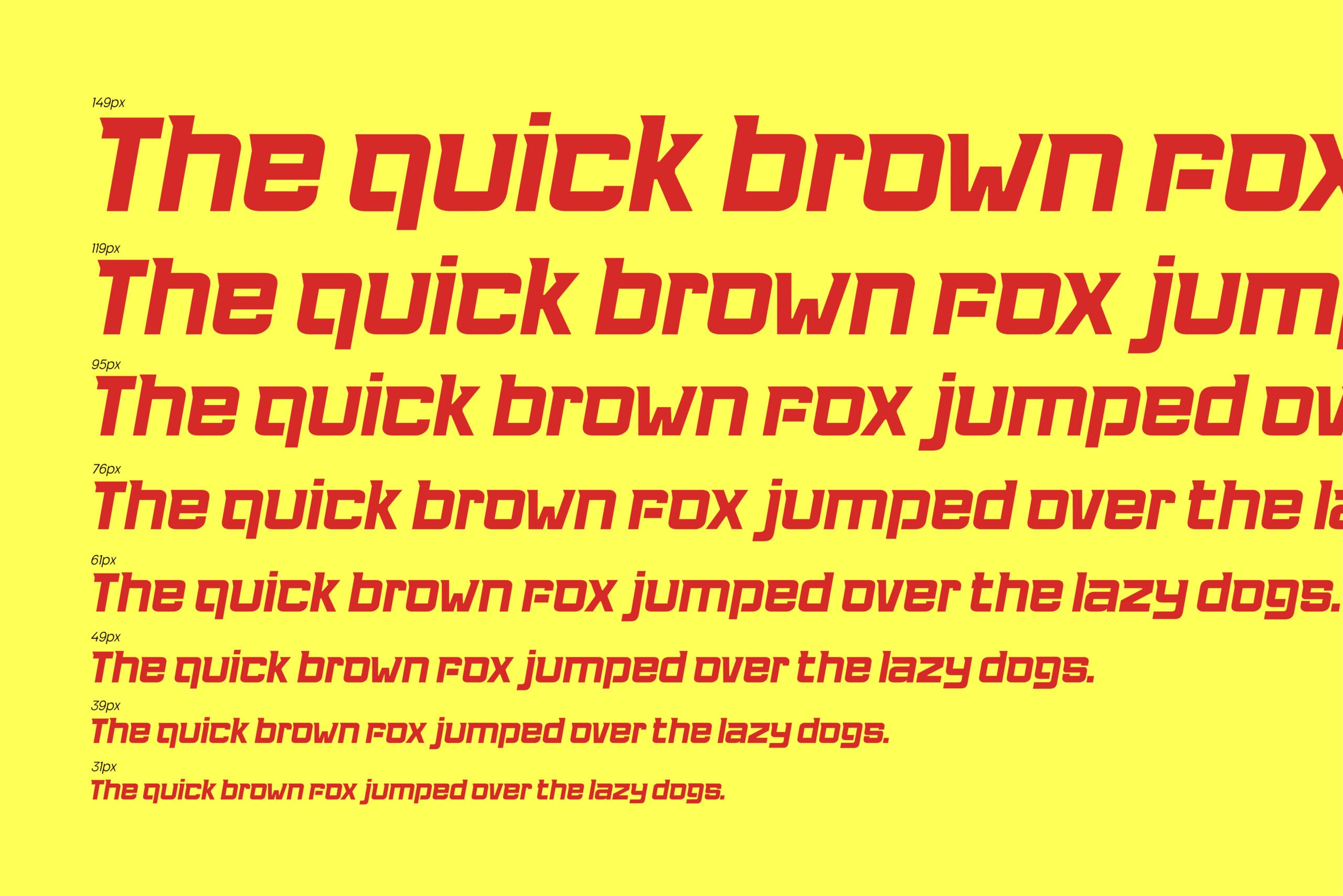Bold red italic typeface displayed at various sizes on bright yellow background