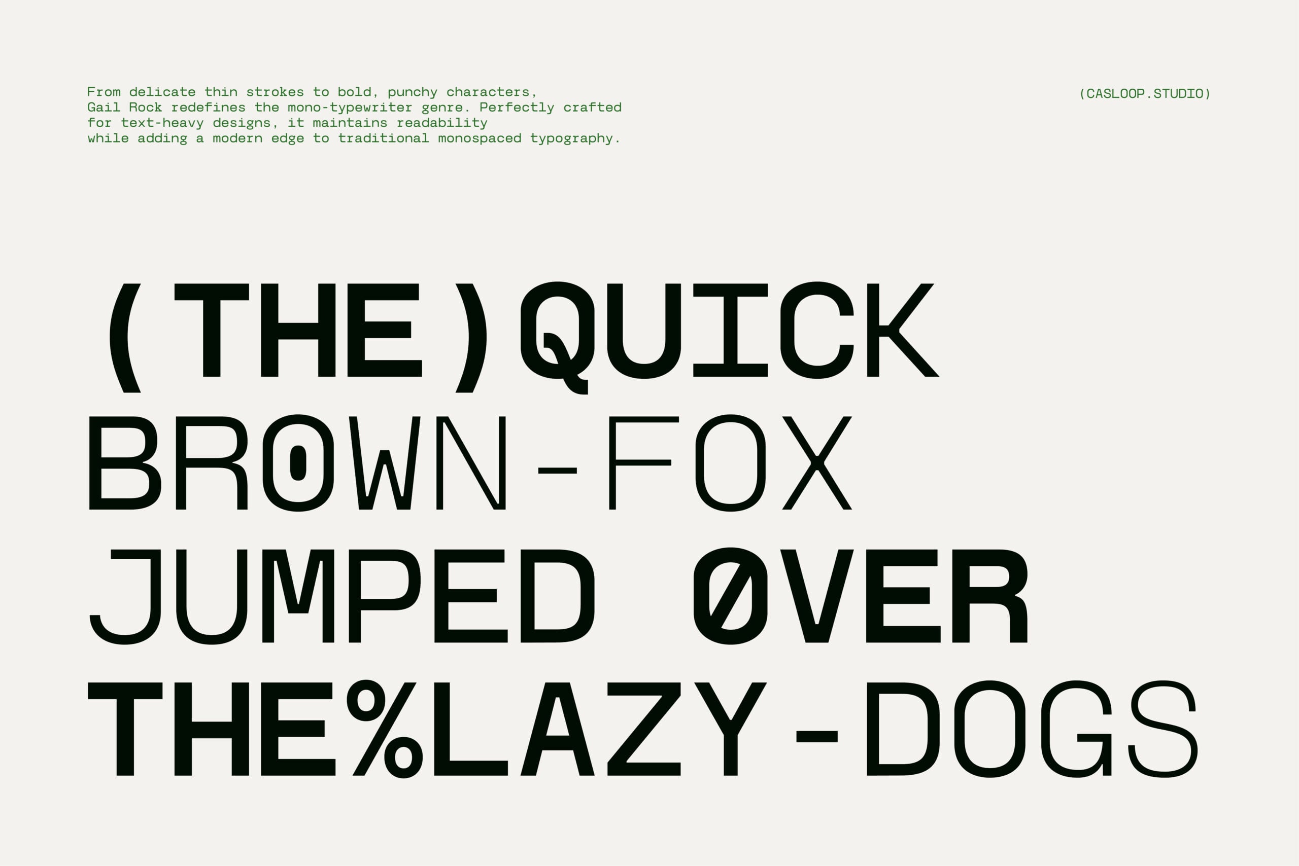 Gail Flock mono-typewriter font displaying bold sans-serif characters in black text