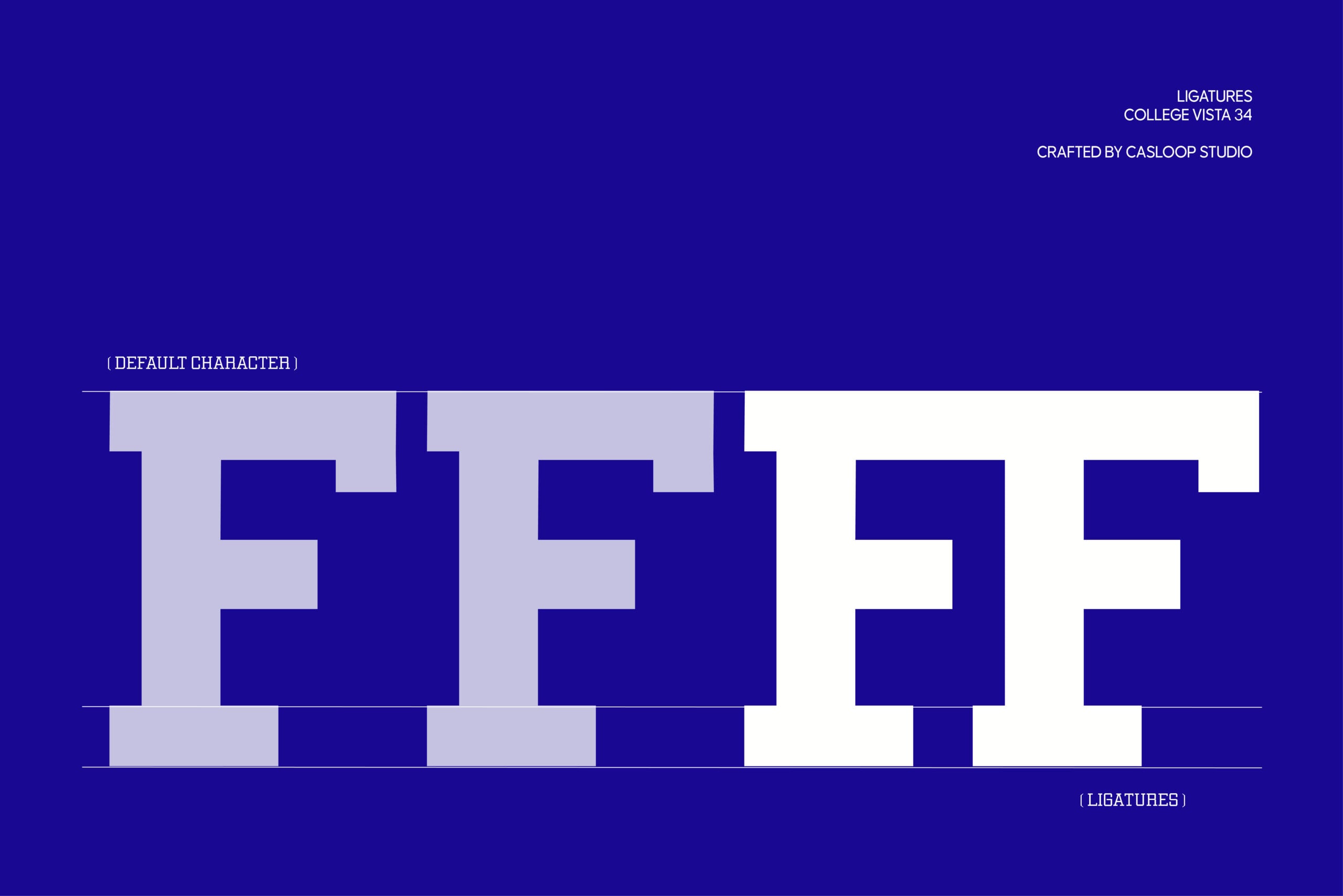 Pixelated ligature set showing connected letter forms in blue, lavender, with white variations on deep blue background