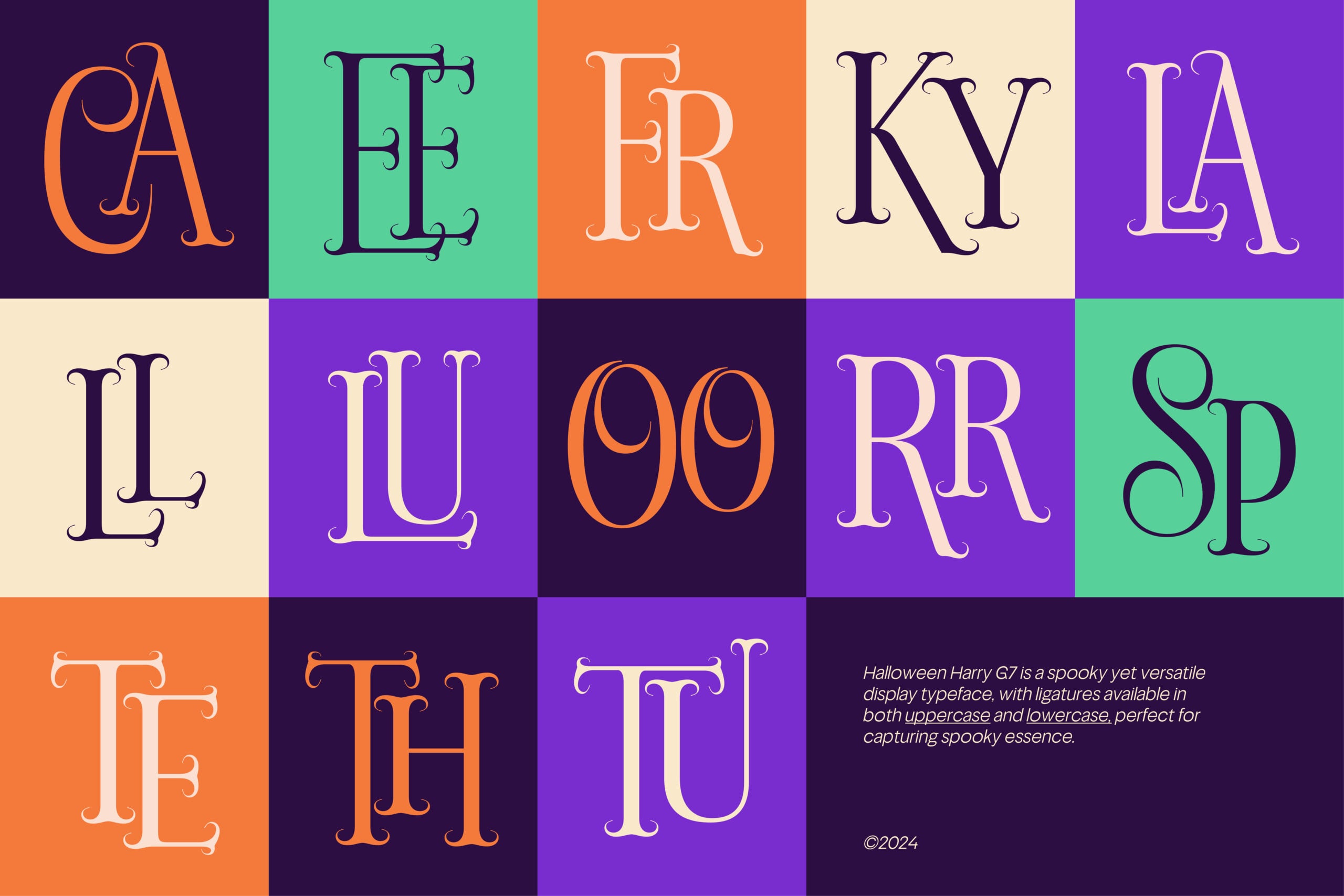 Colorful serif typeface specimen showing ornate letters in orange, purple, mint, plus cream on vibrant backgrounds