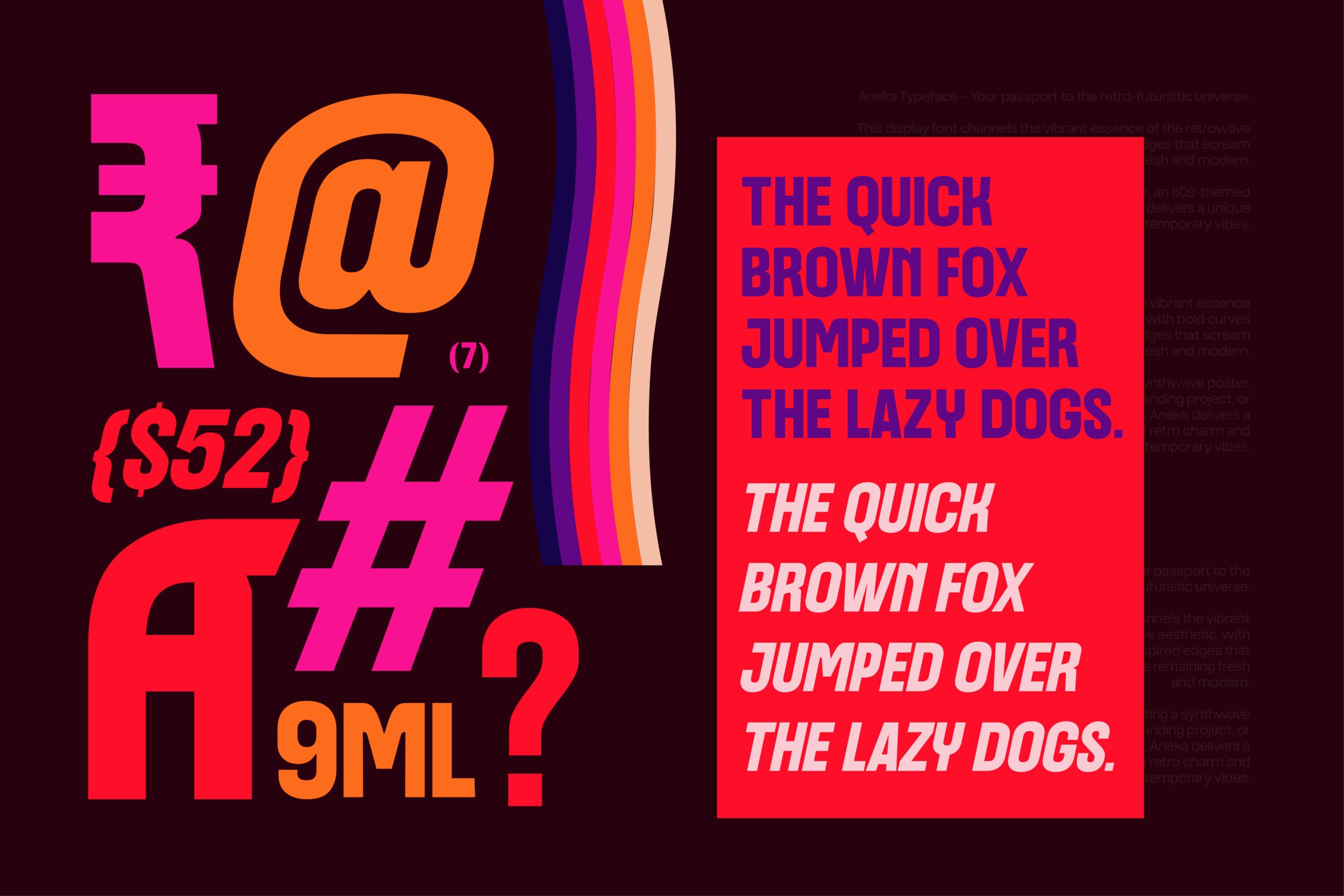 Colorful typographic poster with bold display fonts in neon pink, orange, blue on dark background with rainbow stripe