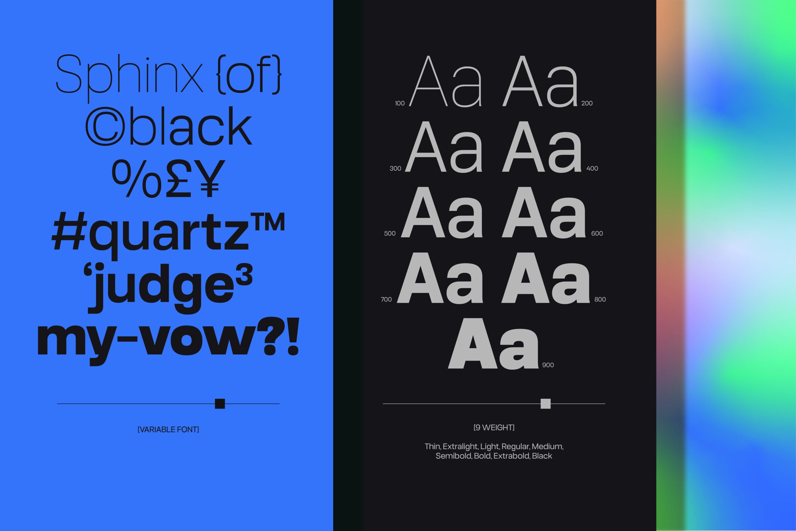 Sphinx typeface specimen showing 9 weight variations from thin to black on dark background