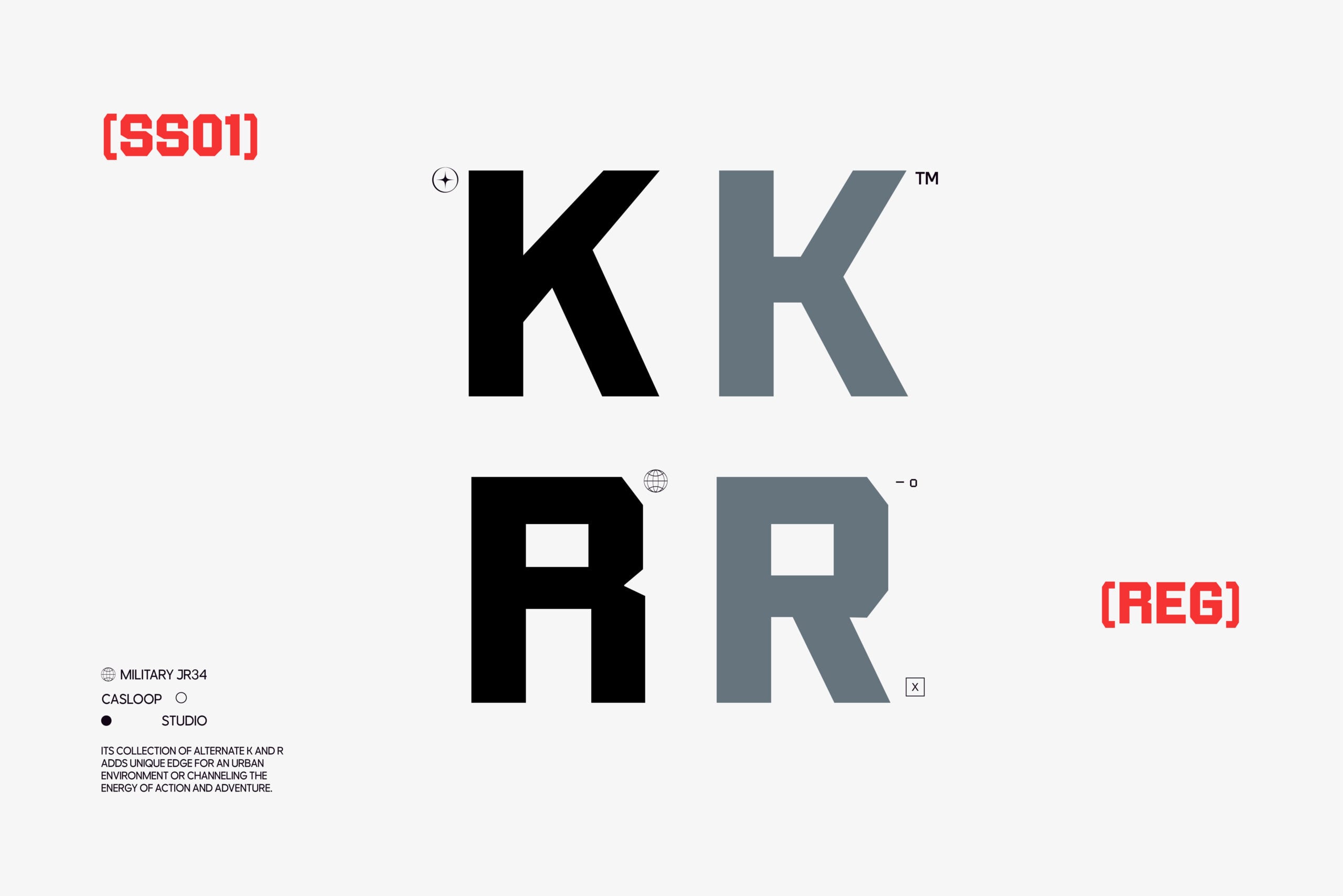 Bold geometric K letterforms shown in black plus gray with sharp angles, part of Military JR34 typeface collection