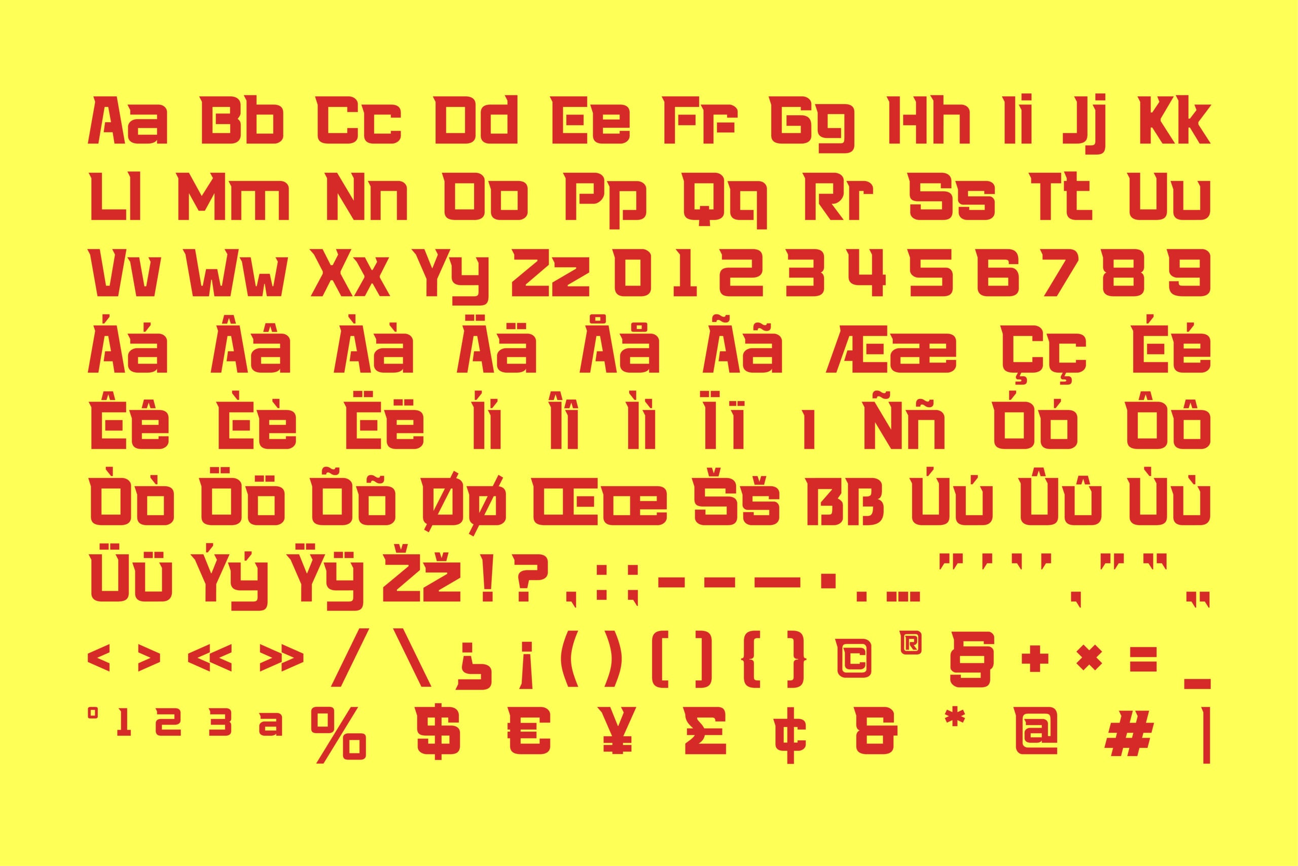 Bold red typeface showing full character set with letters, numbers, symbols on bright yellow background