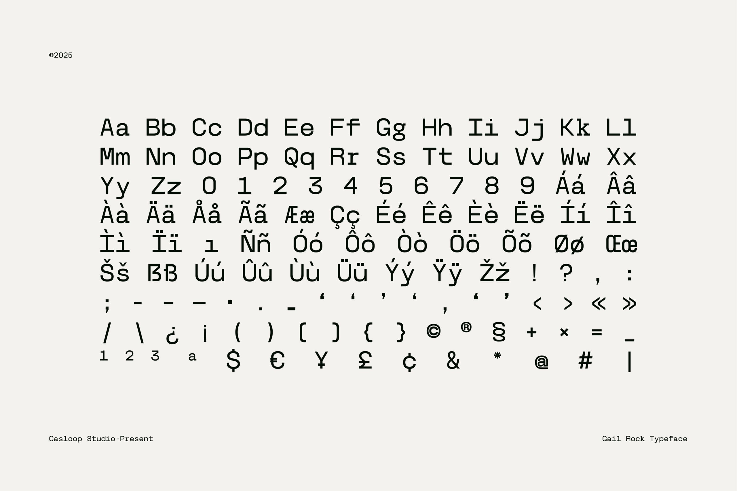Gail Rock typeface showing full character set with letters, numbers, accents, plus symbols on cream background