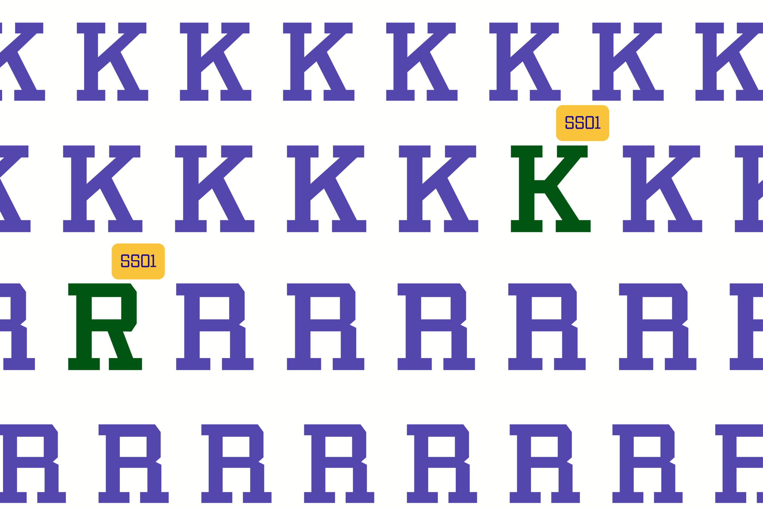 Bold college letter font grid with one green K, one green R, plus yellow SS01 labels