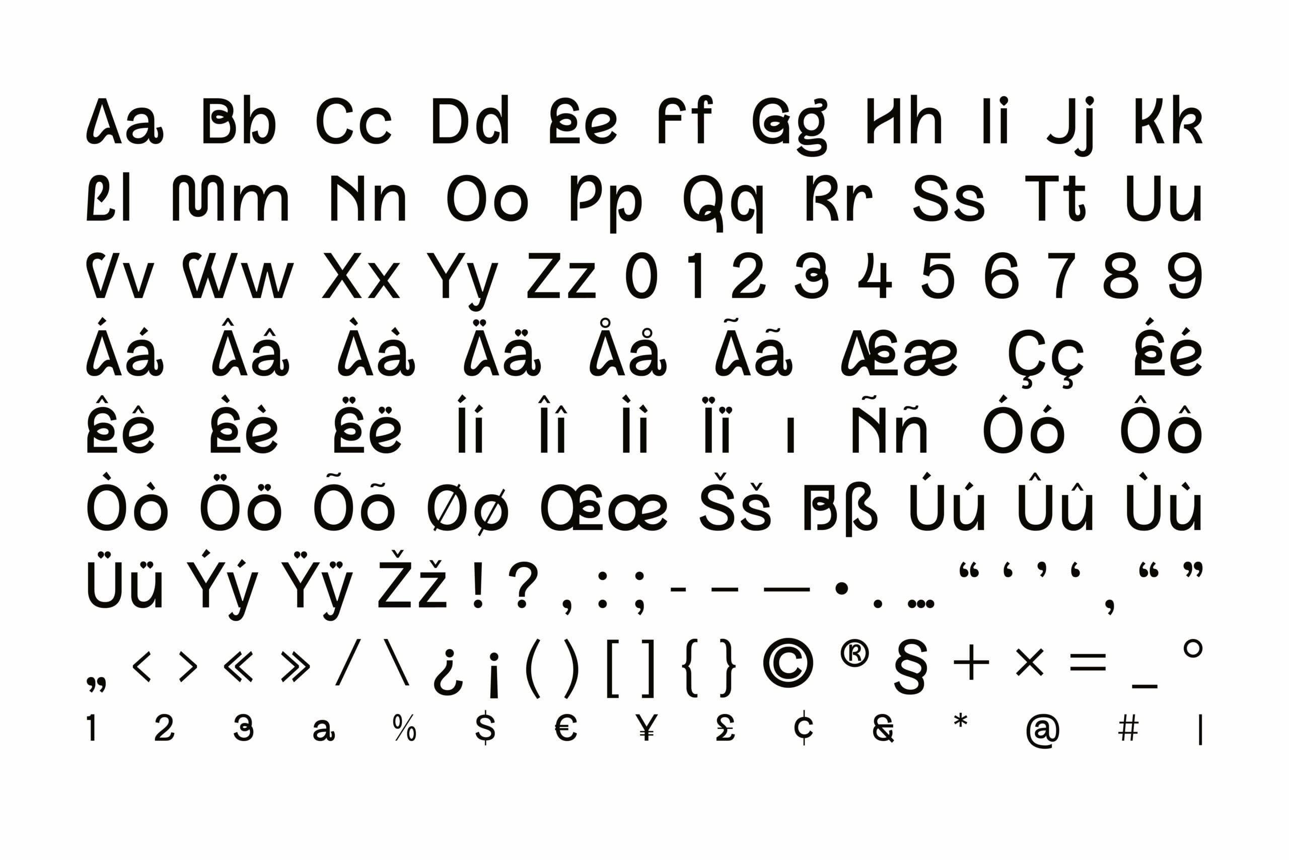 Clean sans serif font showing uppercase, lowercase, numbers, international characters, plus symbols