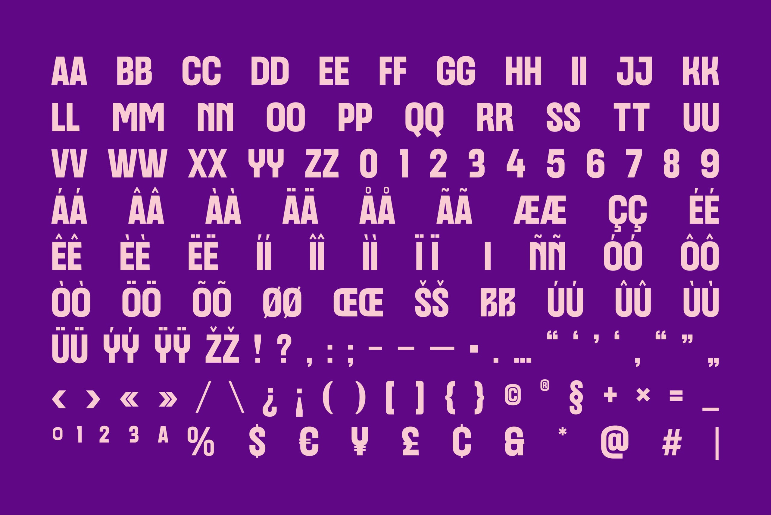 Cream typeface character set on bright purple background showing full alphabet with accents, numbers, punctuation