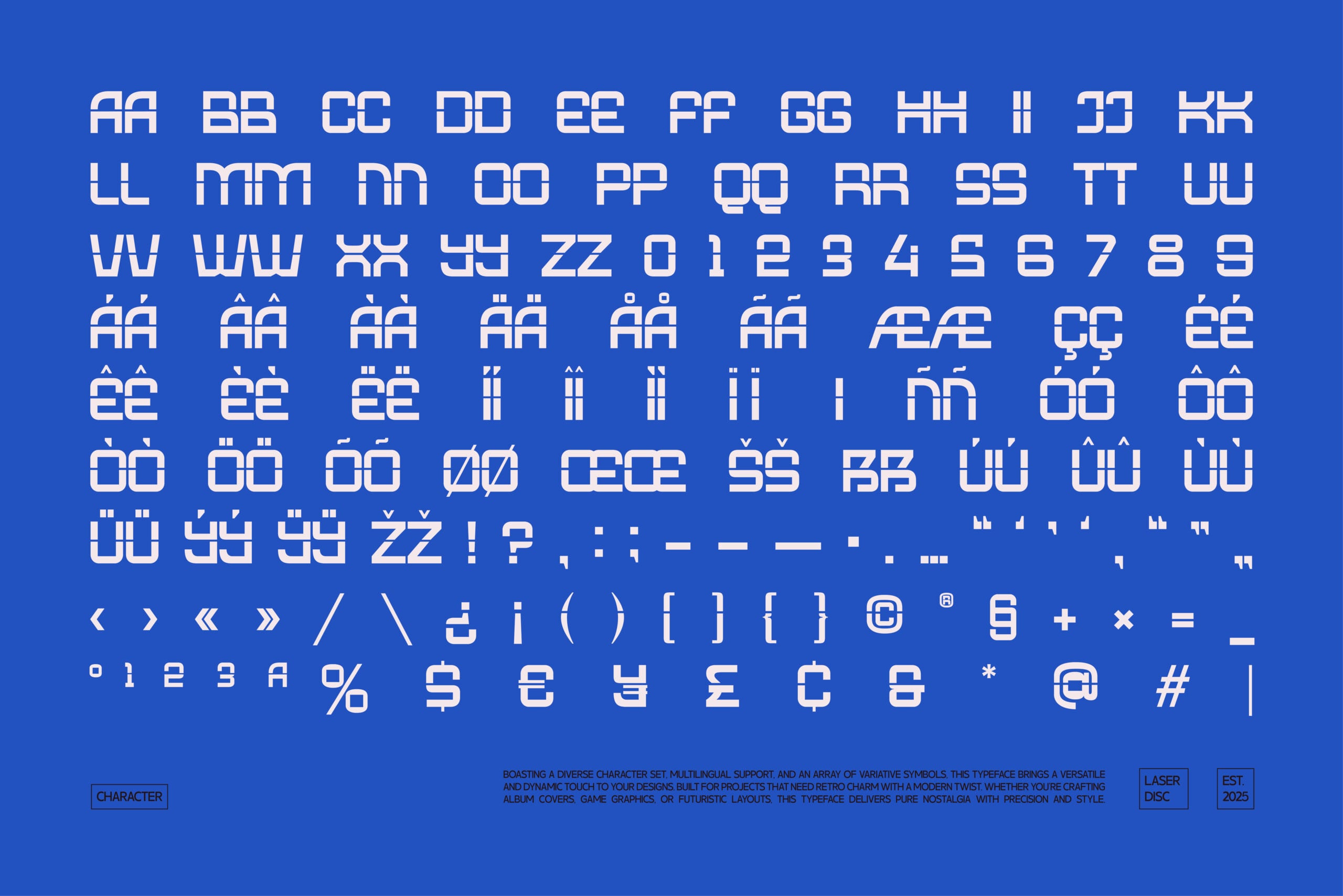 Retro geometric typeface with extended character set, accents, symbols on bright blue background