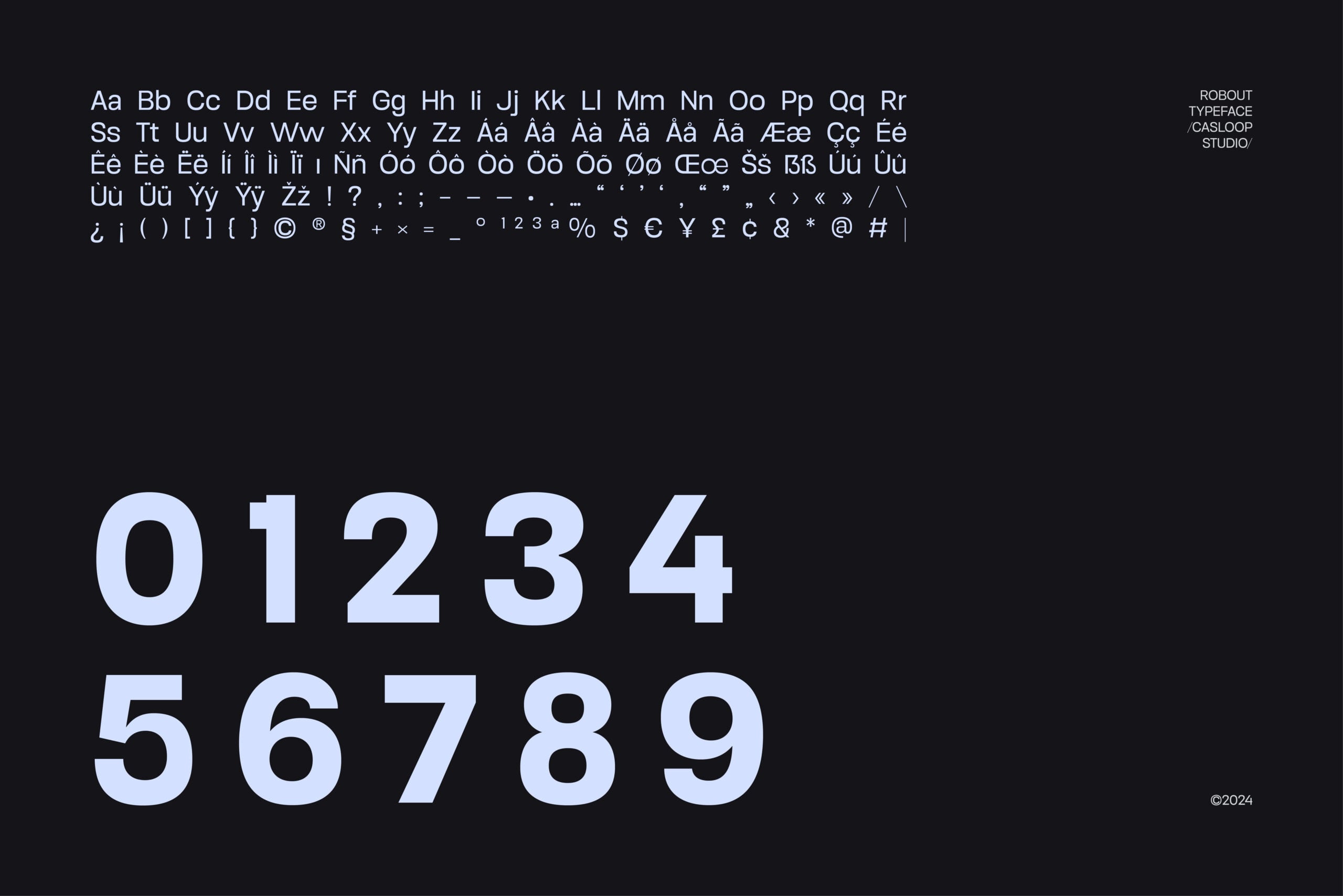 Robout typeface showing full character set with numbers, symbols, plus extended language support on dark background
