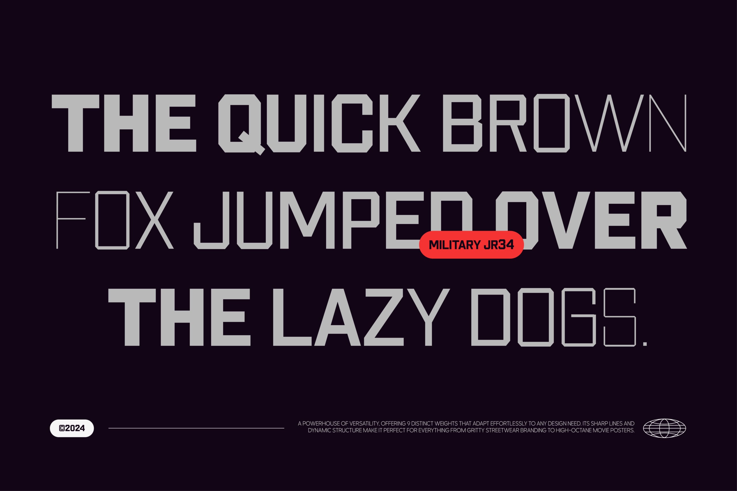 Bold geometric typeface specimen showing Military JR34 font in all caps with red accent badge on dark background