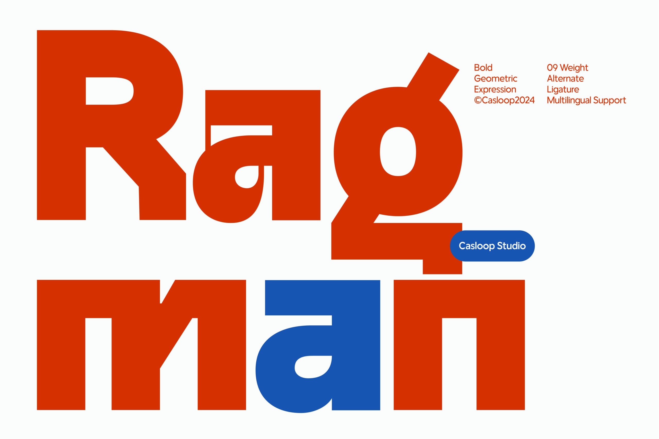 Rep4 typeface specimen showing bold geometric letterforms in red with blue accent by Casloop Studio