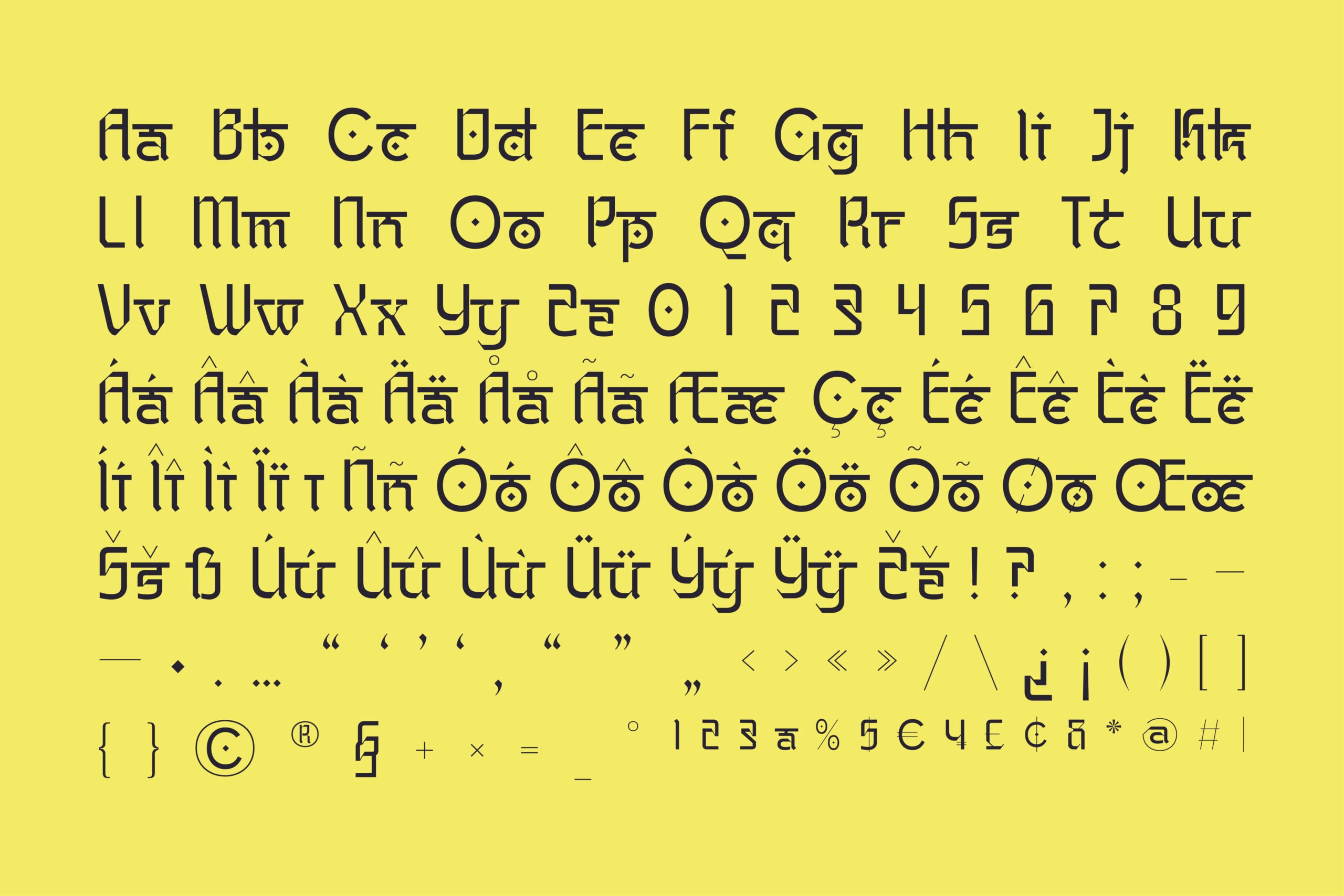 Geometric sans serif typeface with extended character set on bright yellow background