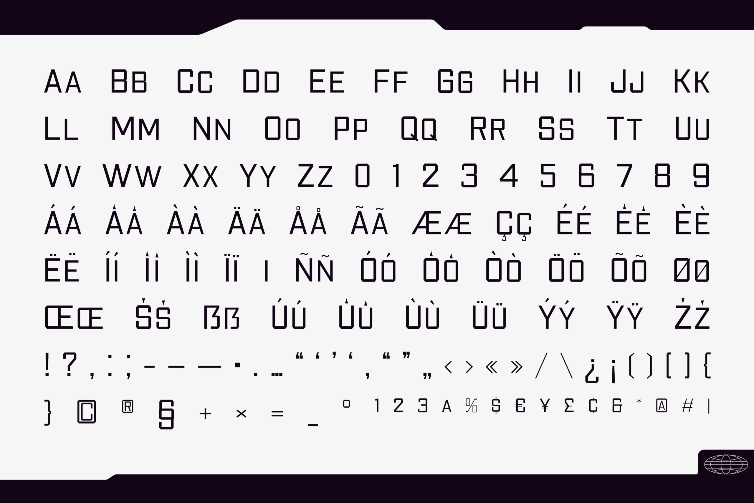 Geometric sans serif typeface showing full character set with accents, numbers, symbols on white background