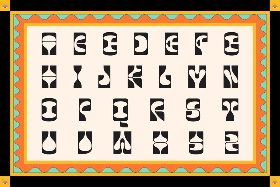 Bold geometric alphabet with organic curves in black on cream, framed by wavy orange borders