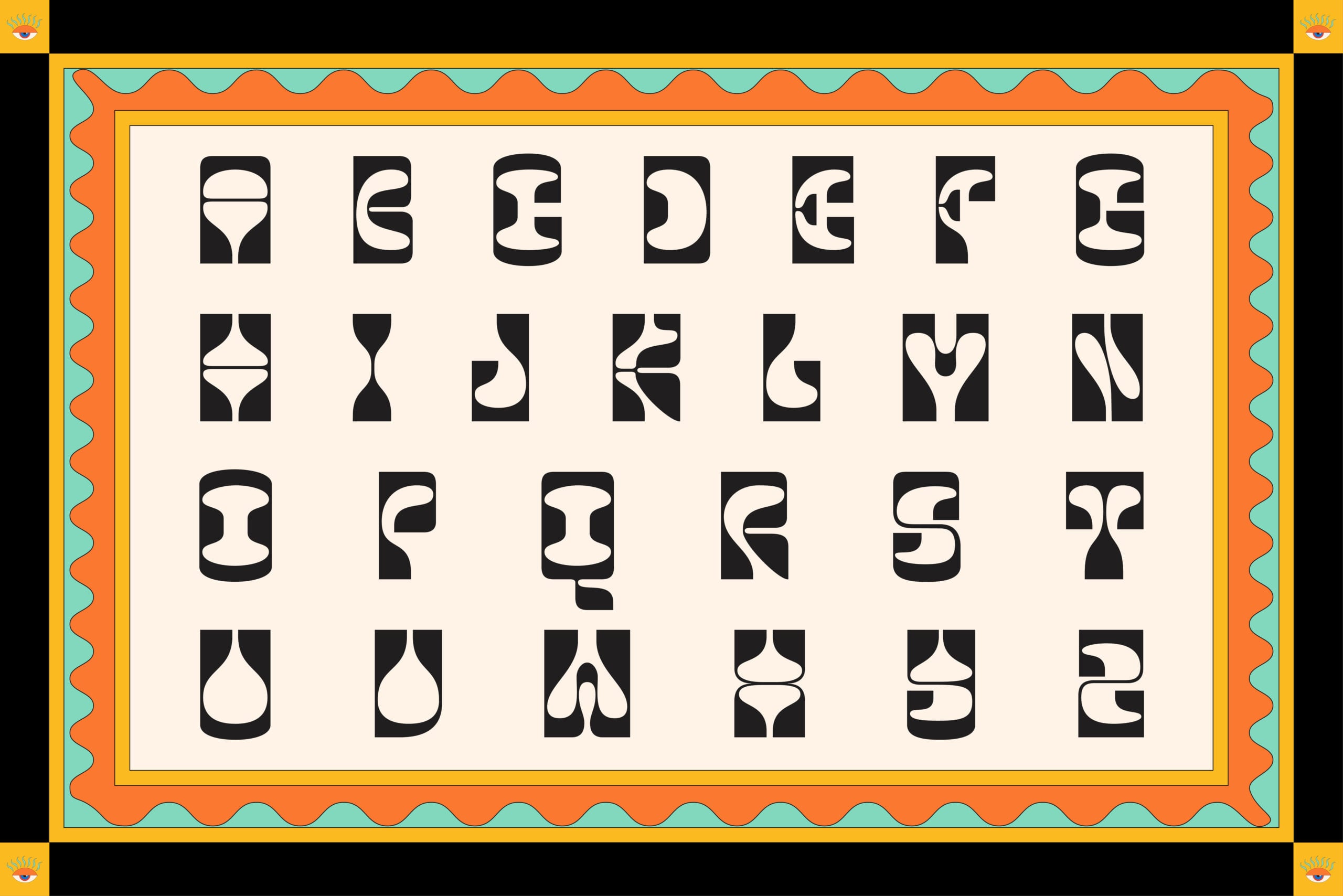 Bold geometric alphabet with organic curves in black on cream, framed by wavy orange borders