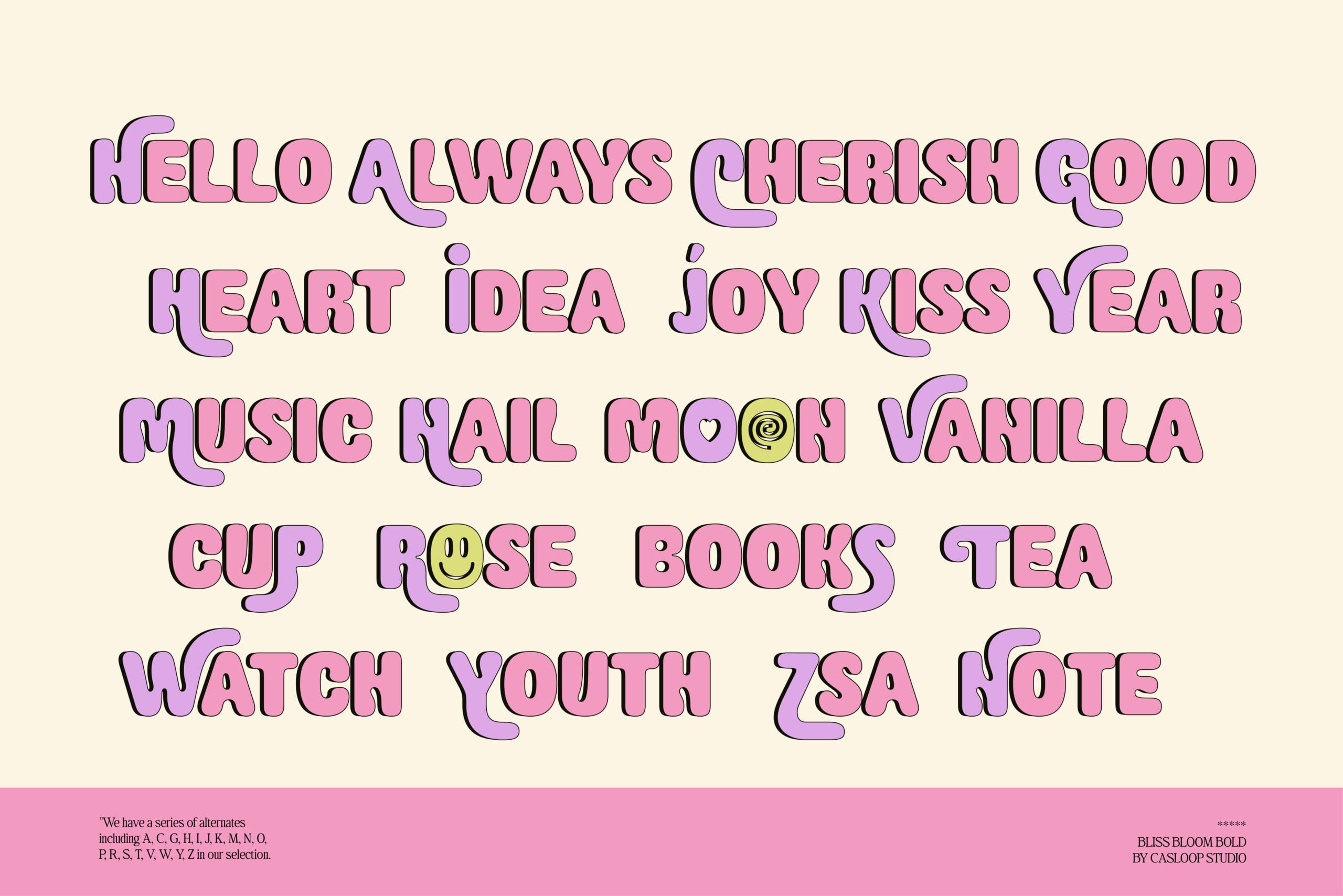 Retro bubble font with pink purple outline letters on cream background with smiley faces