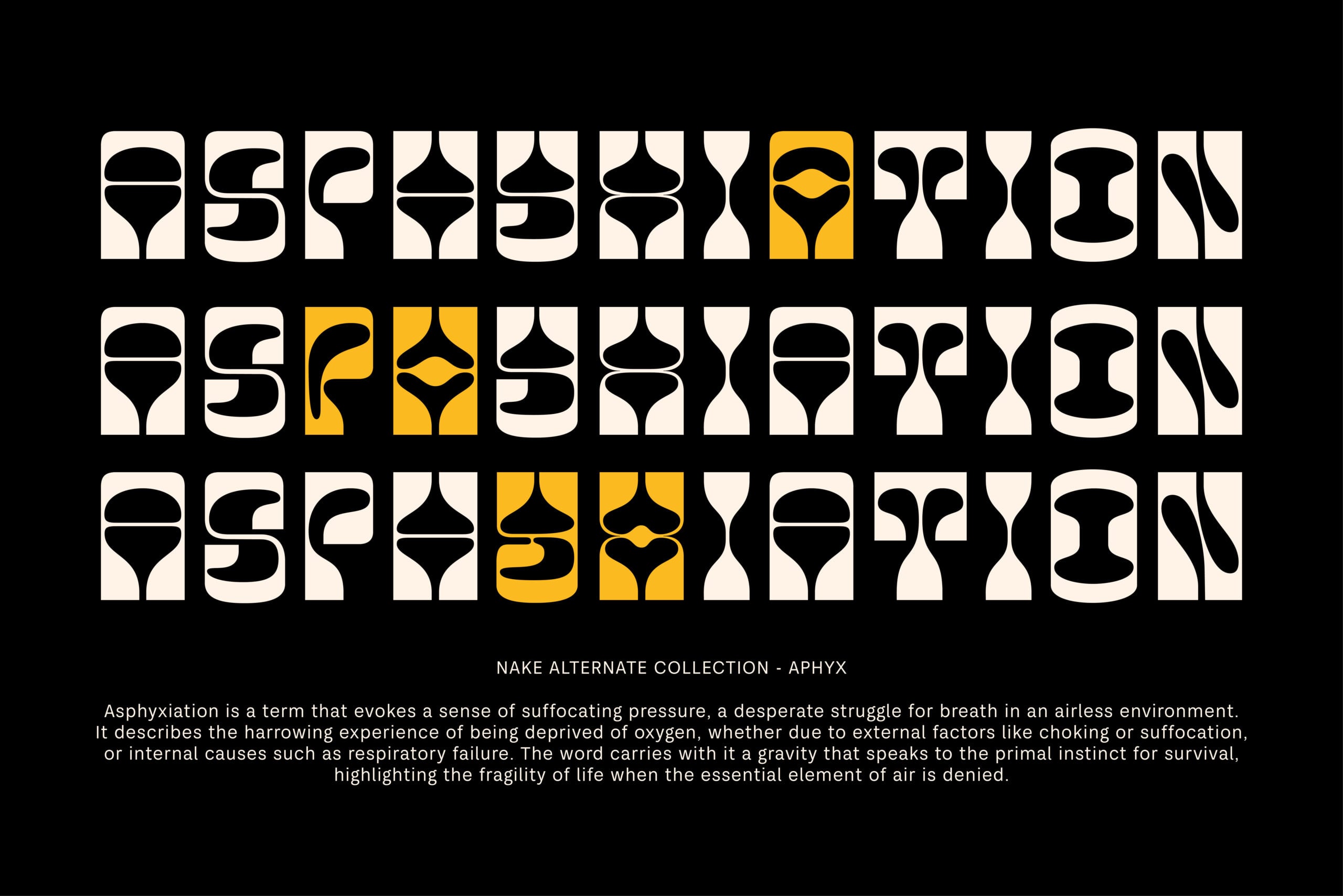 Bold geometric font with modular characters in cream, black, yellow on dark background