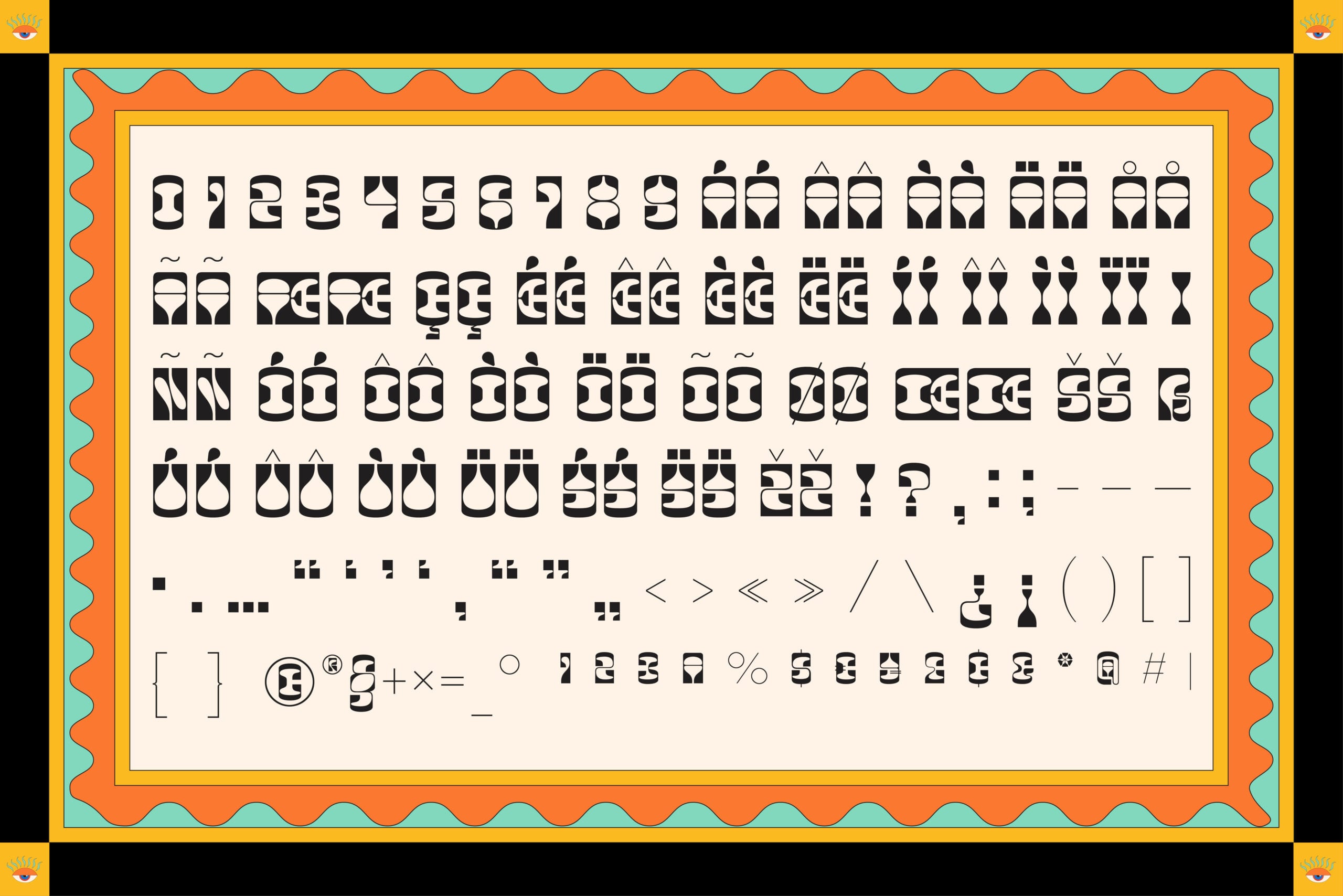 Groovy geometric font with stylized letterforms, numbers, symbols on cream background with retro orange blue border