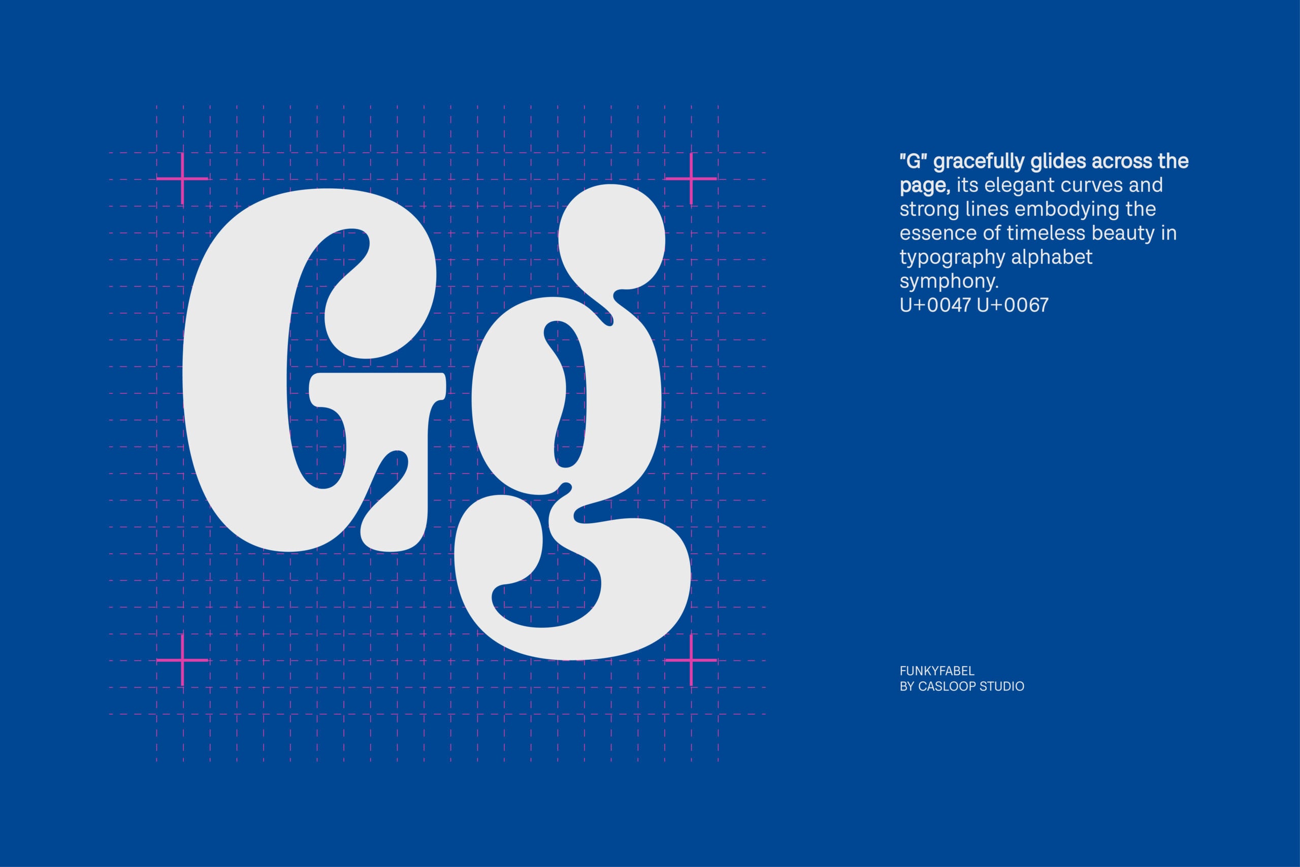 Funky serif G with flowing curves on grid blueprint background, deep blue color scheme