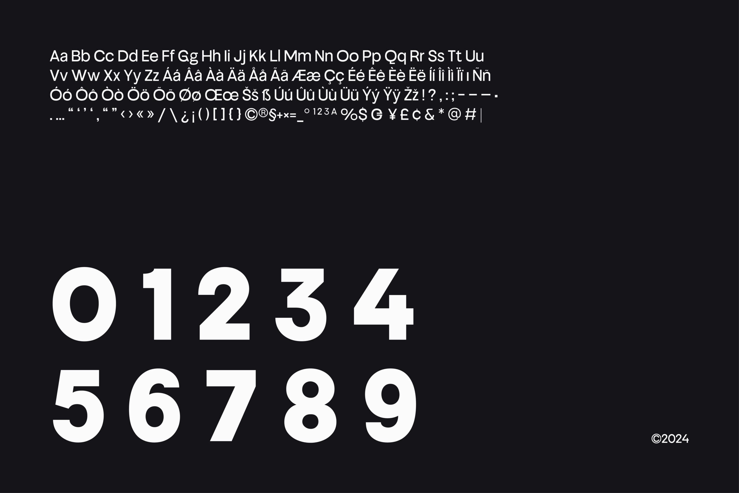 Bold sans serif font displaying full character set with numbers on dark background