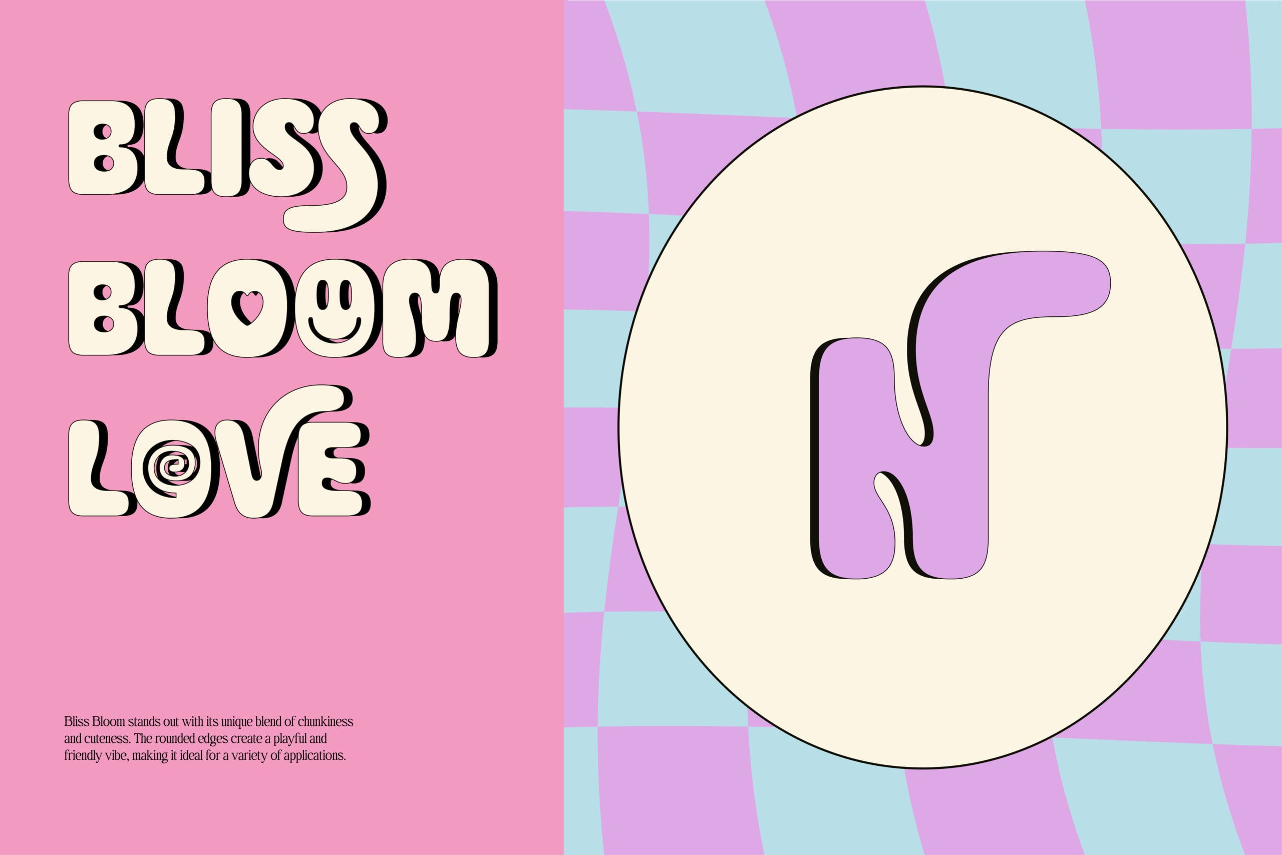 Bliss Bloom font with playful chunky letters on pink background with checkered pattern