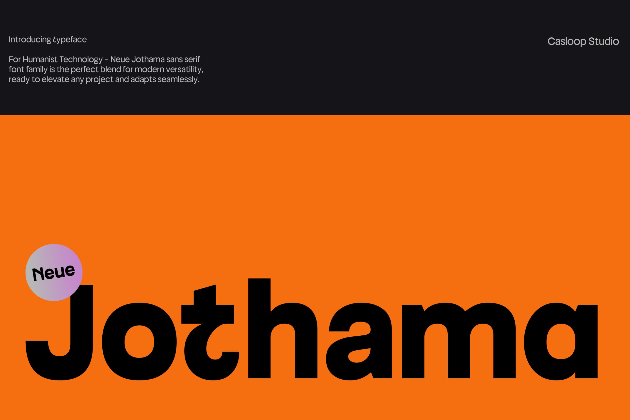 Neue Jothama sans serif font family displayed in bold black on vibrant orange background
