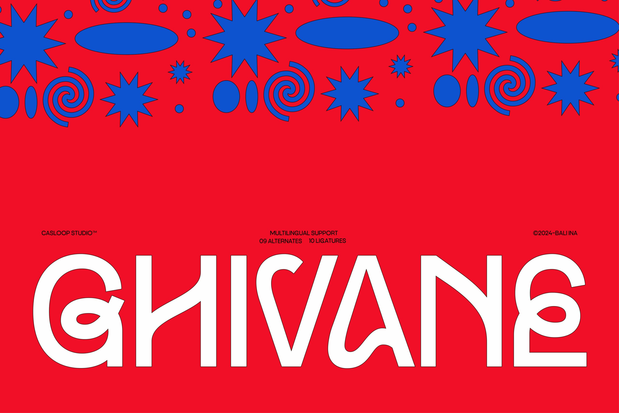 Ghivane font by Casloop Studio with bold white letters on bright red, blue geometric shapes scattered across top